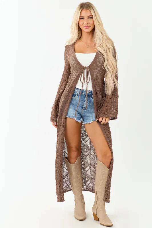 Mocha Tie Front Flare Sleeve Knit Duster Cardigan sold by Lime Lush