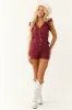 Burgundy Denim Button Up Ruffle Sleeve Romper sold by Lime Lush