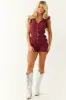 Burgundy Denim Button Up Ruffle Sleeve Romper sold by Lime Lush
