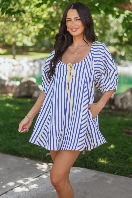 Cream and Cobalt Striped Bubble Sleeve Relaxed Romper made by Klesis