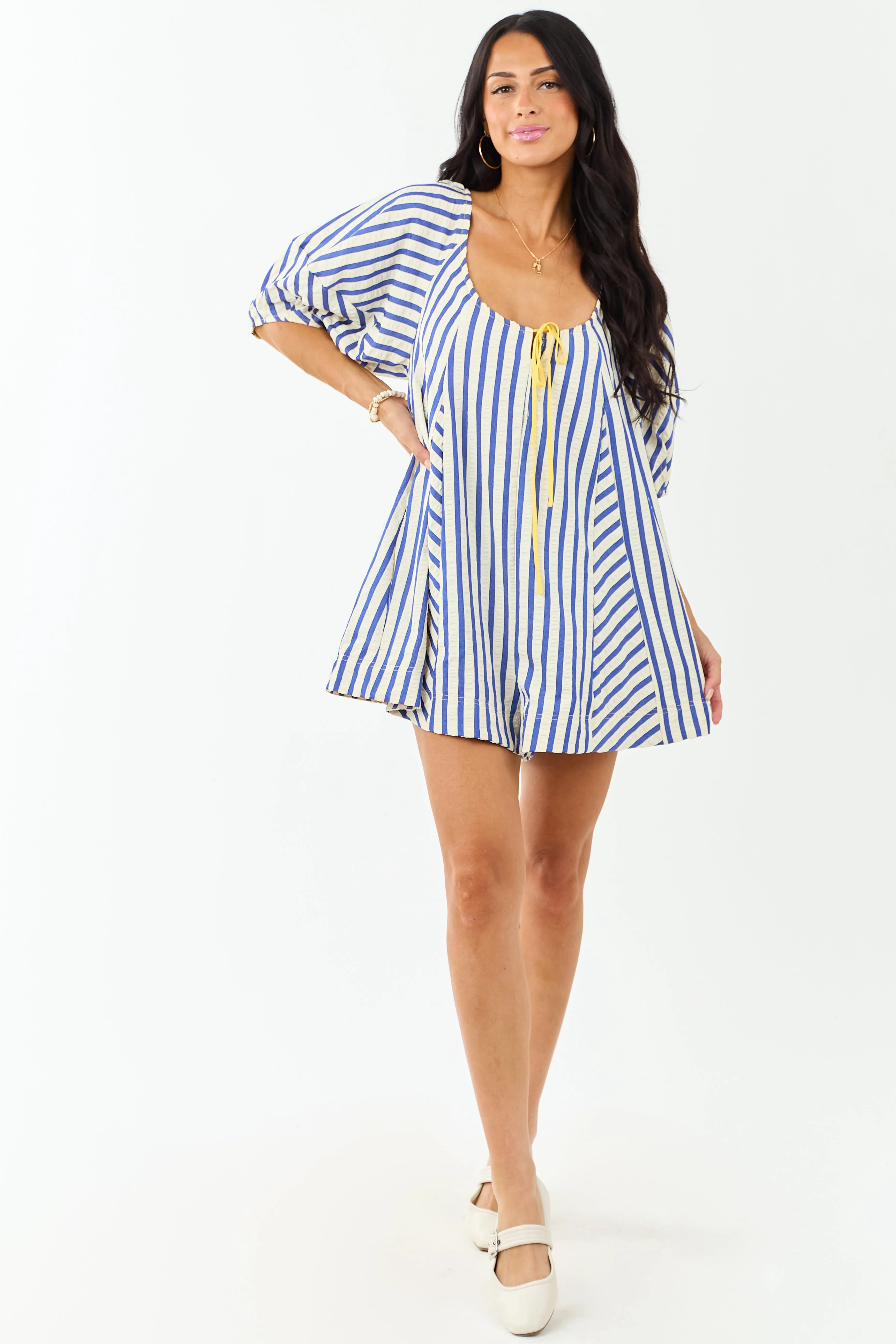 Cream and Cobalt Striped Bubble Sleeve Relaxed Romper sold by Lime Lush product image thumbnail 3