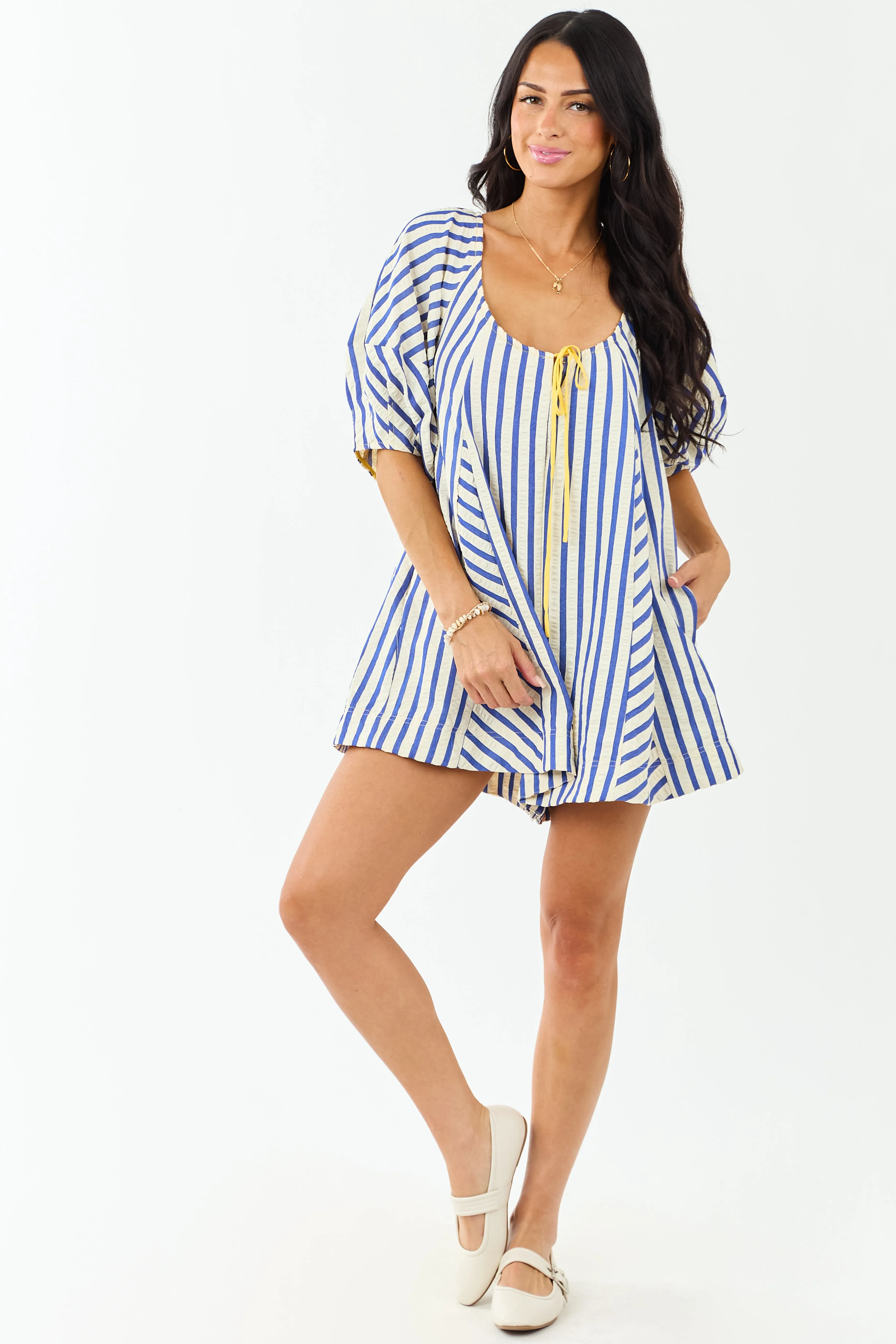 Cream and Cobalt Striped Bubble Sleeve Relaxed Romper sold by Lime Lush product image thumbnail 4