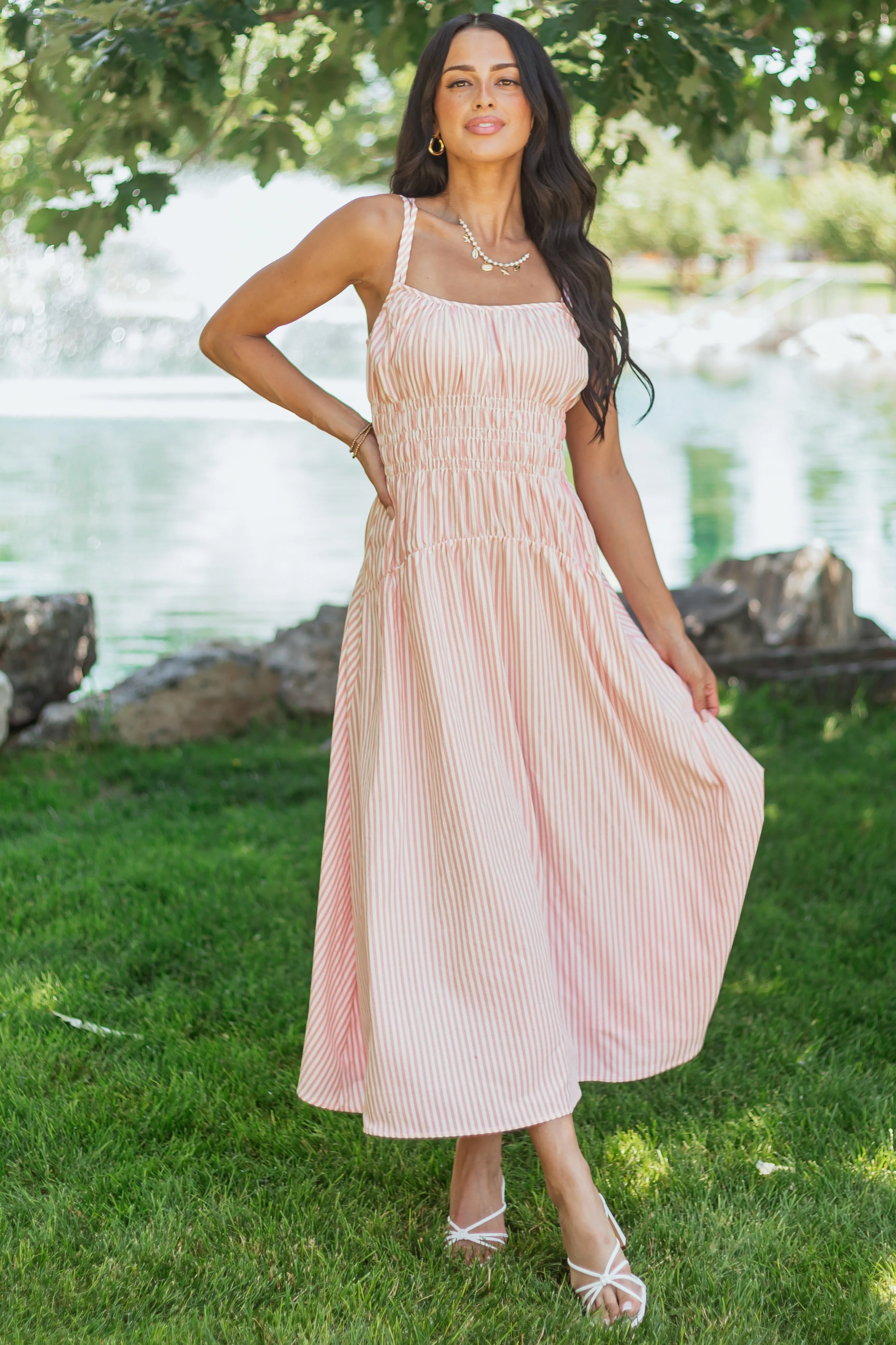 White and Cherry Blossom Striped Sleeveless Maxi Dress sold by Lime Lush