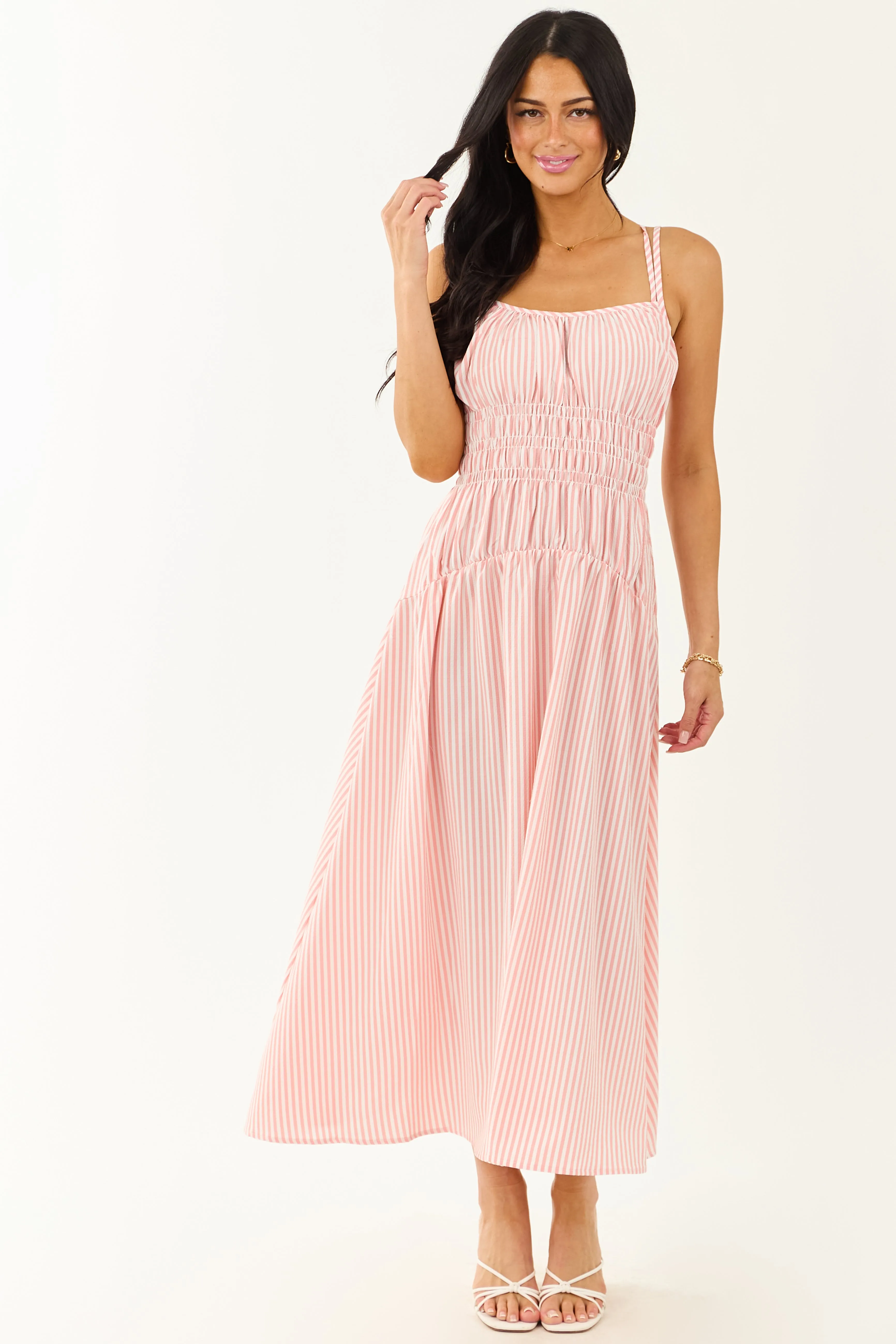 White and Cherry Blossom Striped Sleeveless Maxi Dress sold by Lime Lush product image thumbnail 4