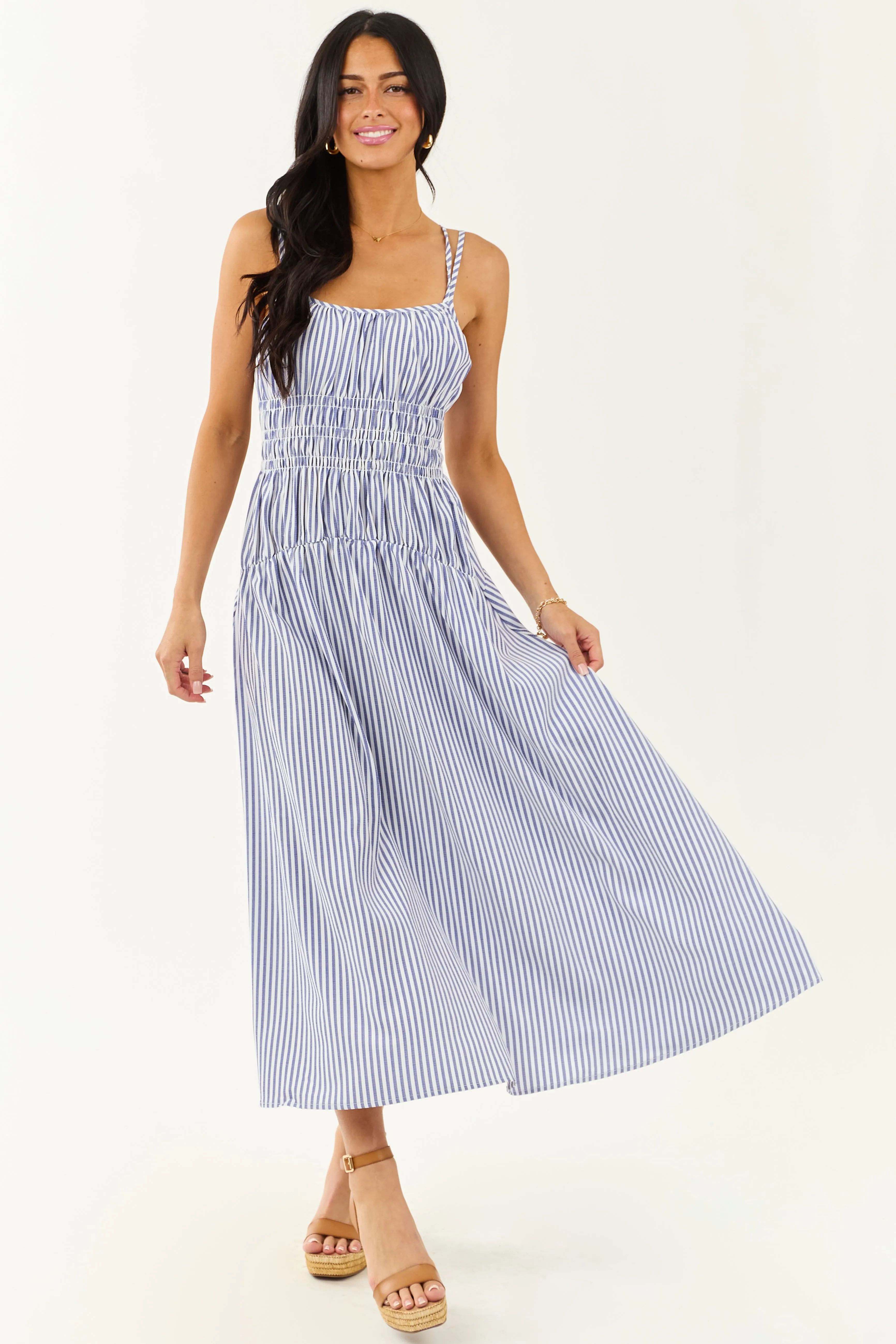 White and Dusty Blue Striped Sleeveless Maxi Dress sold by Lime Lush product image thumbnail 3
