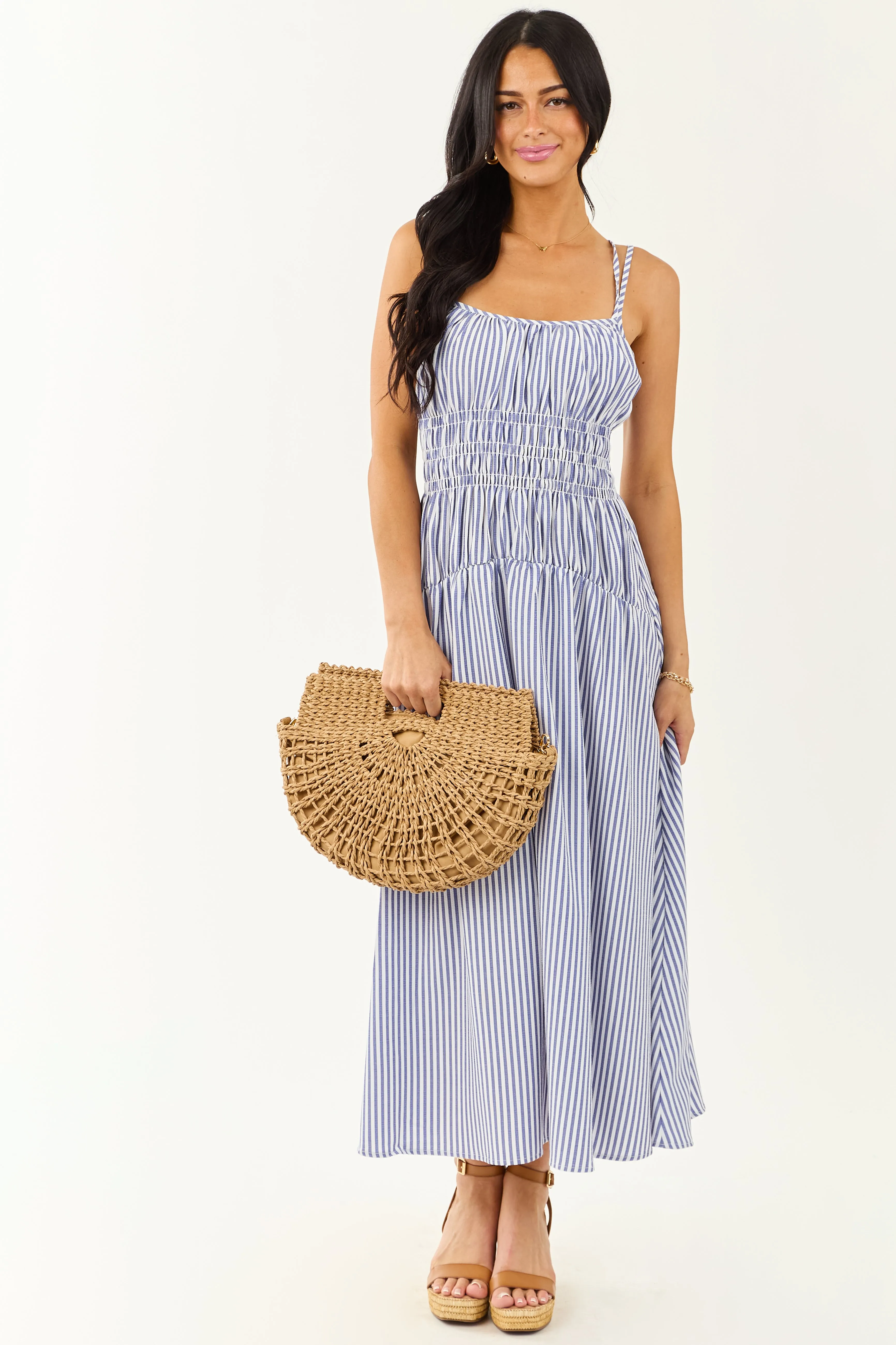 White and Dusty Blue Striped Sleeveless Maxi Dress sold by Lime Lush product image thumbnail 4