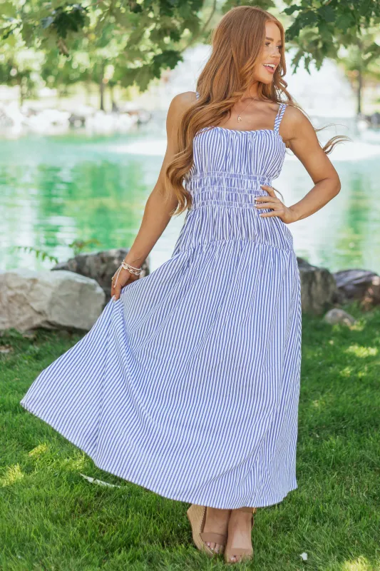White and Dusty Blue Striped Sleeveless Maxi Dress sold by Lime Lush