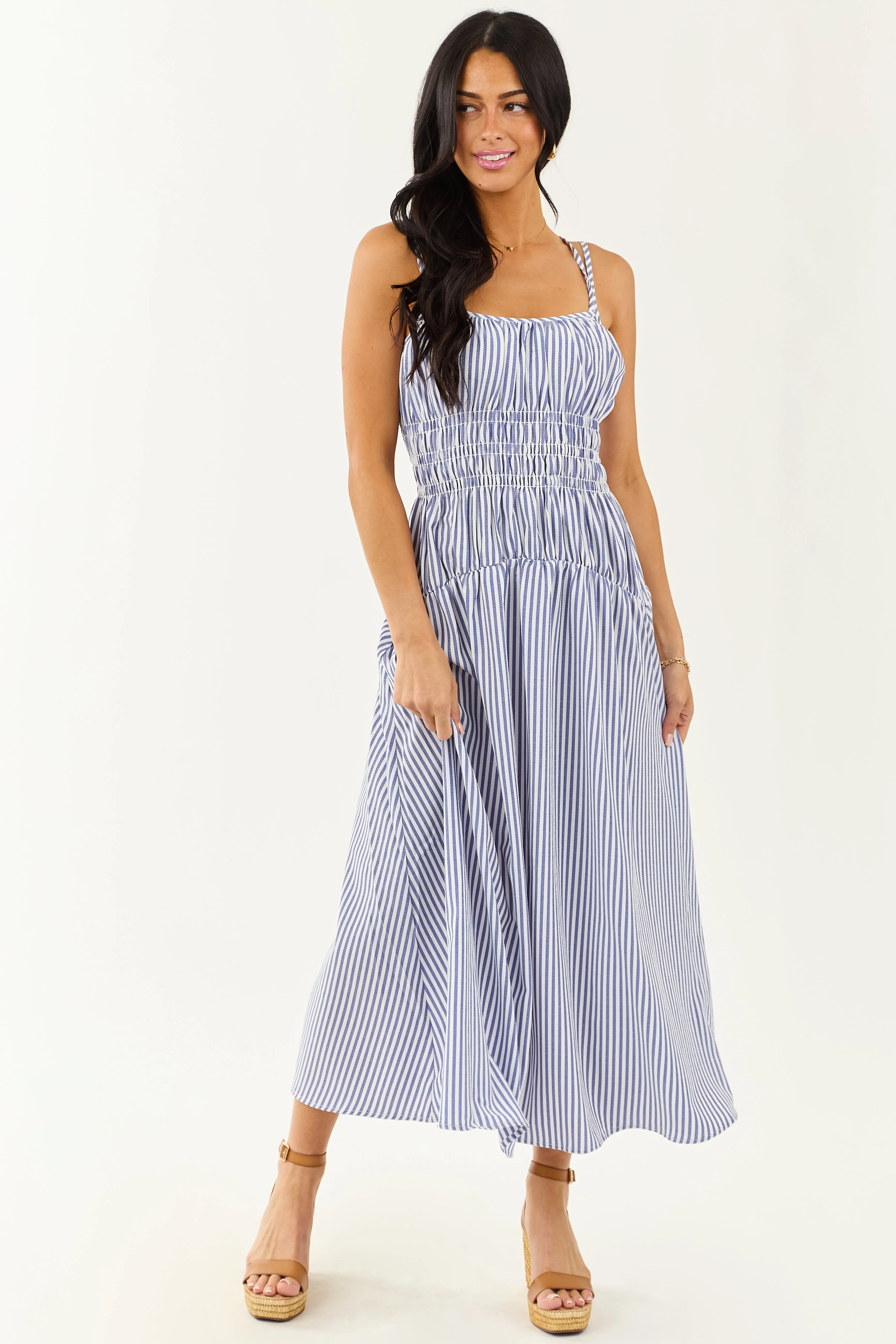 White and Dusty Blue Striped Sleeveless Maxi Dress sold by Lime Lush product image thumbnail 2