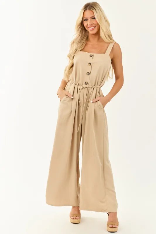 Latte Button Up Wide Leg Sleeveless Jumpsuit sold by Lime Lush