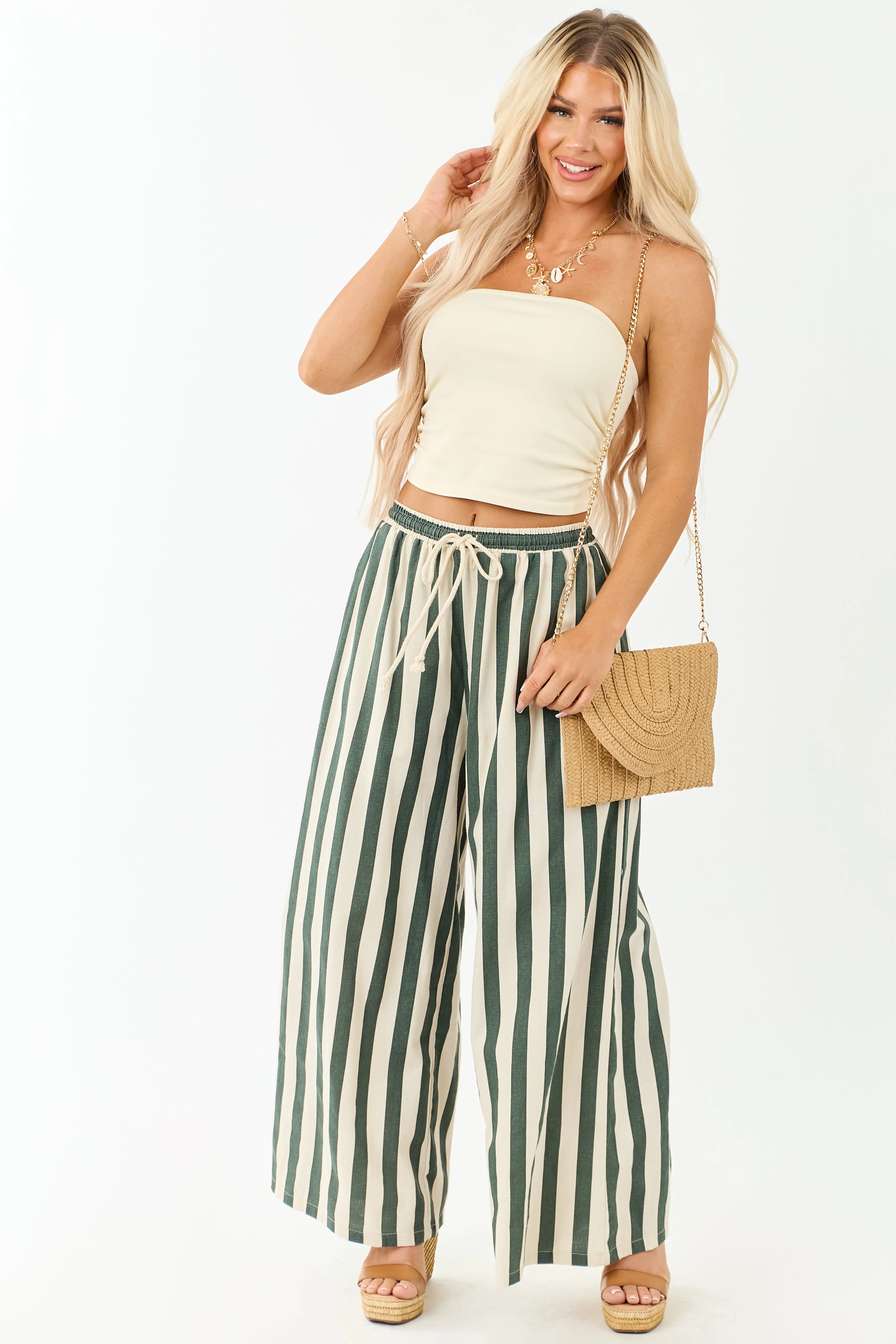 Forest Green and Almond Striped Wide Leg Pants sold by Lime Lush product image thumbnail 5