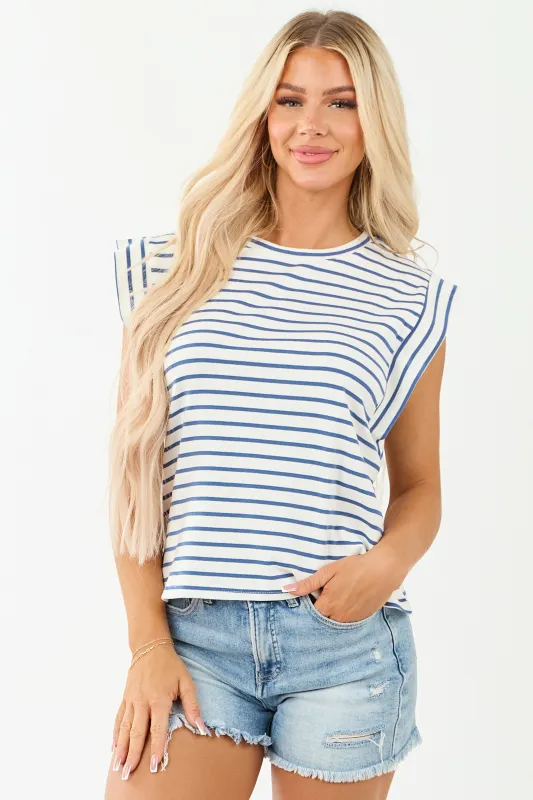 Dusty Blue and Ivory Striped Cap Sleeve Top sold by Lime Lush