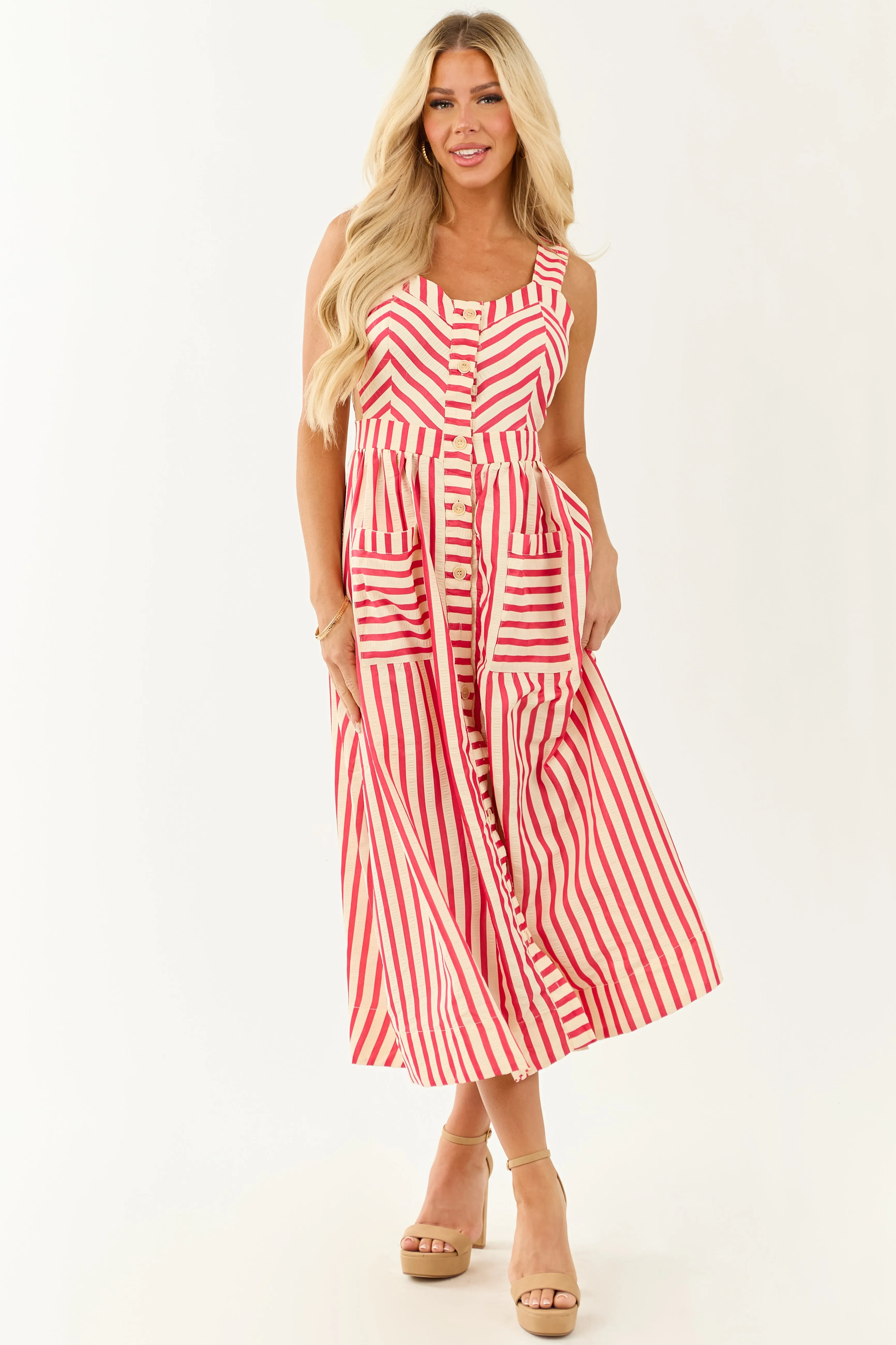 Entro Crimson and Cream Striped Cut Out Midi Dress sold by Lime Lush product image thumbnail 3