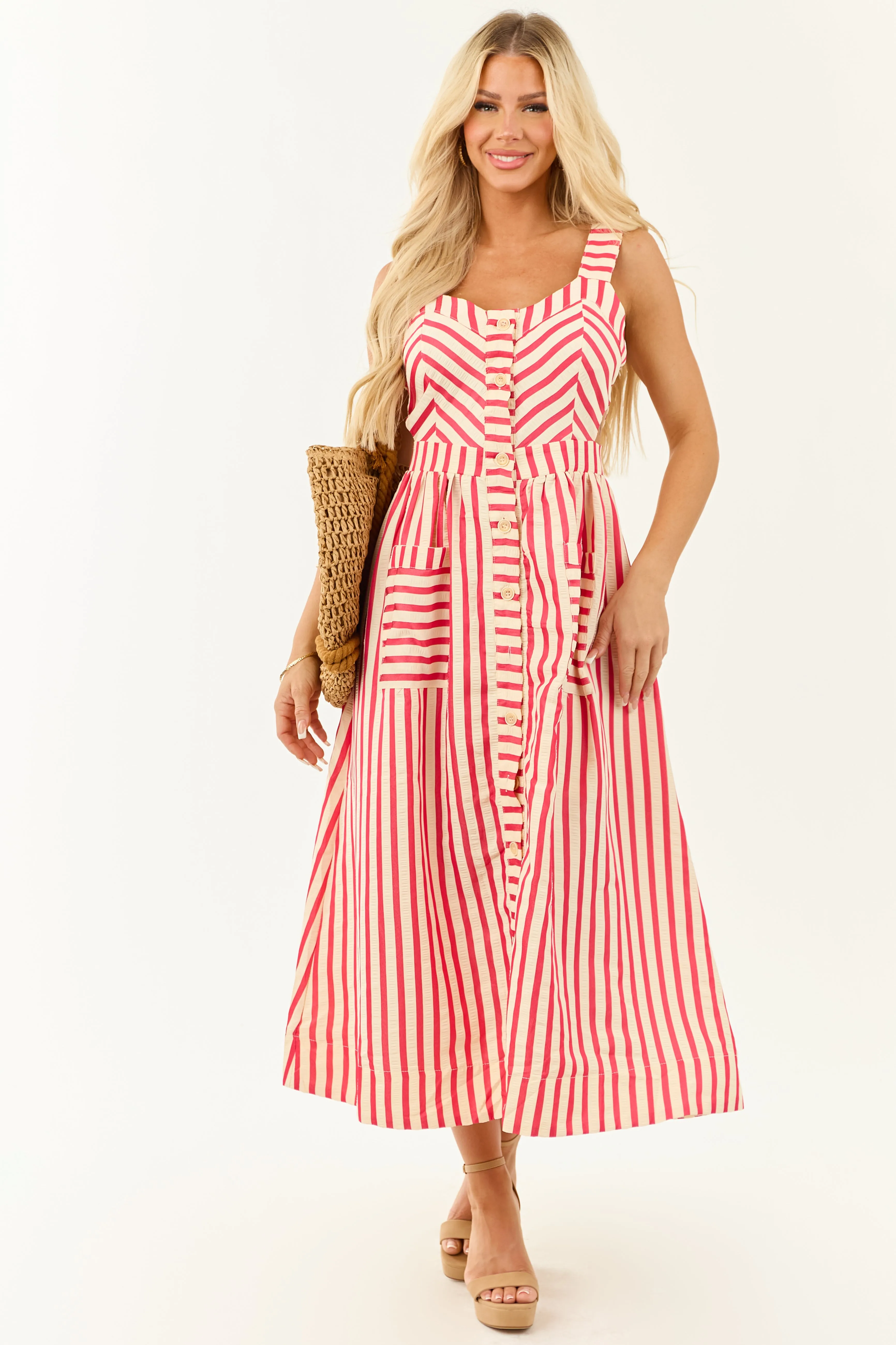 Entro Crimson and Cream Striped Cut Out Midi Dress sold by Lime Lush