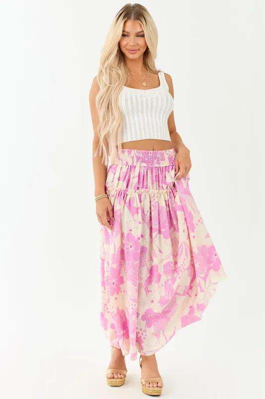 Cream and Mauve Vacation Print Smocked Maxi Skirt sold by Lime Lush