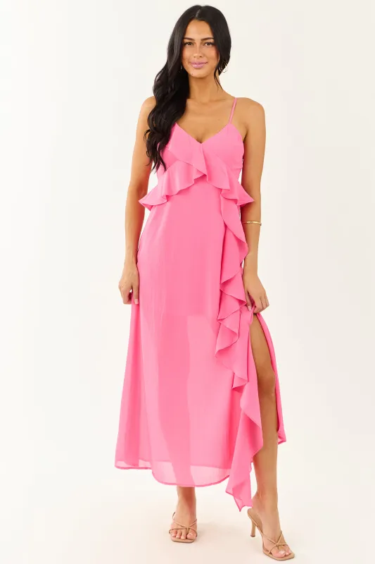 Fuchsia Ruffle Side Slit Chiffon Maxi Dress sold by Lime Lush