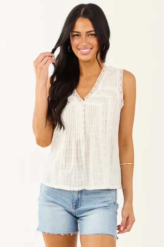 Off White Lace V Neck Cotton Tank Top sold by Lime Lush