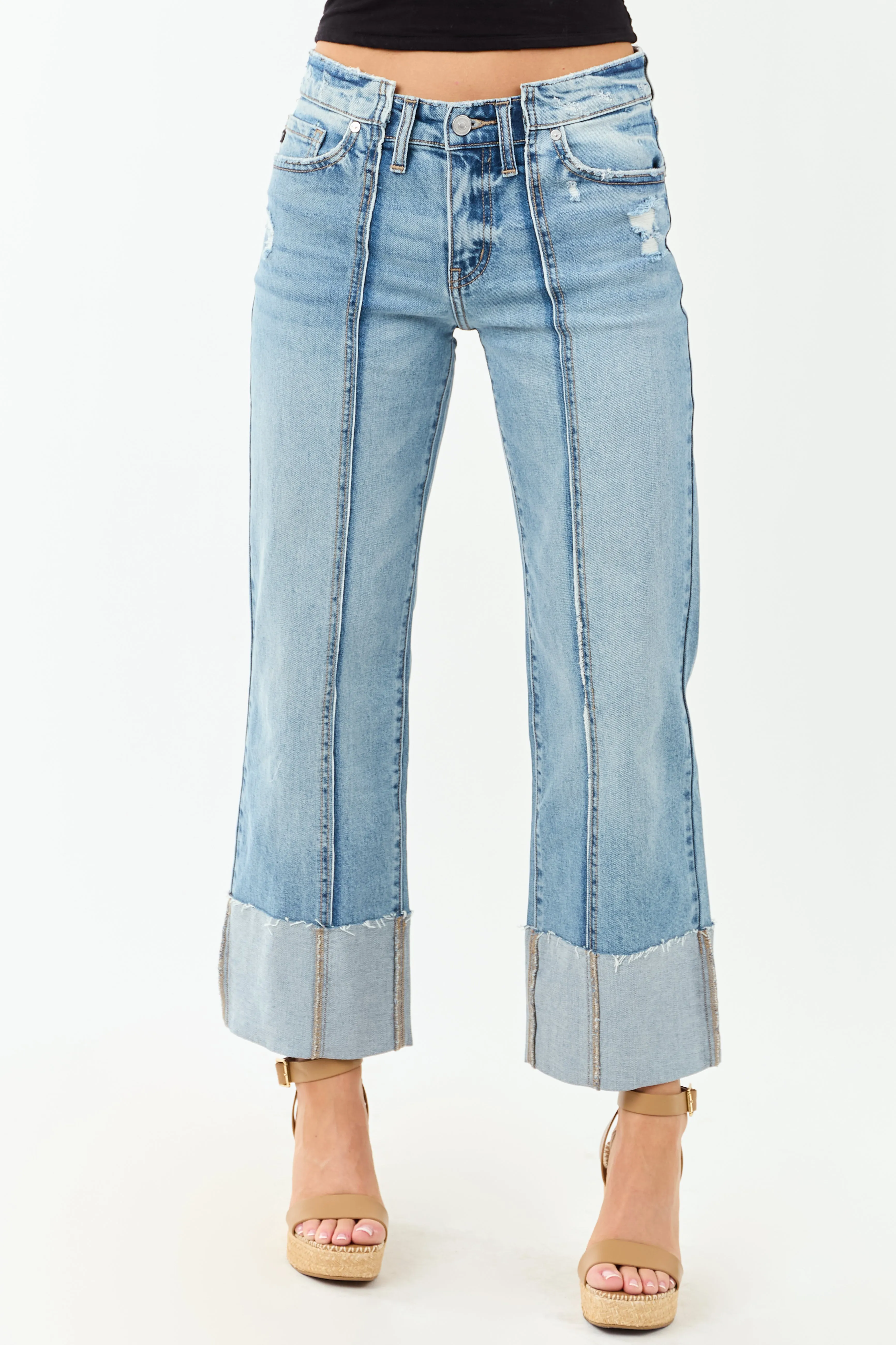KanCan Medium Cuffed Cropped Stretchy Wide Jeans sold by Lime Lush