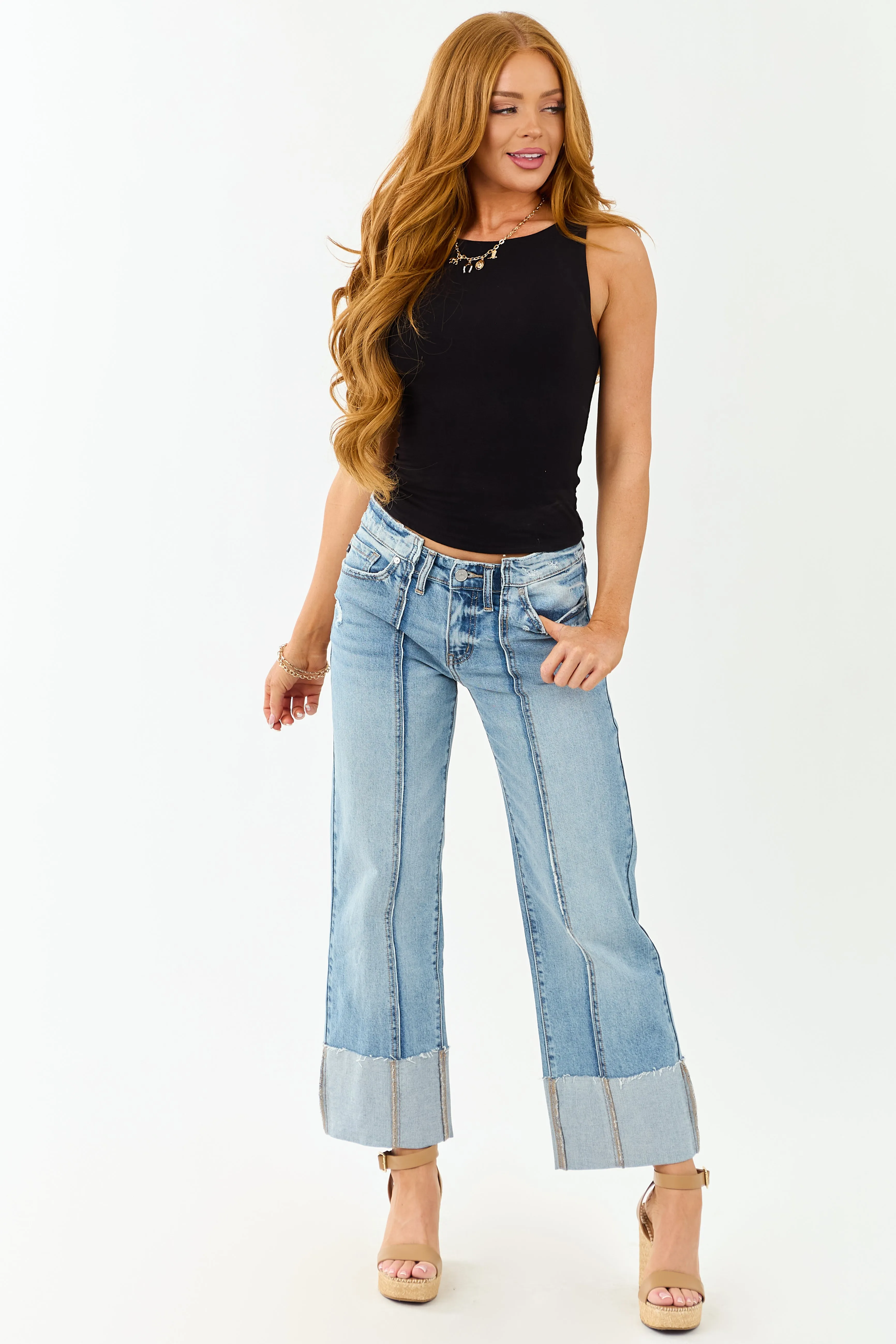 KanCan Medium Cuffed Cropped Stretchy Wide Jeans sold by Lime Lush product image thumbnail 2