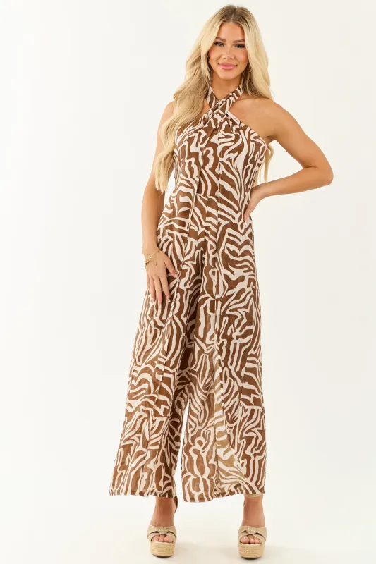 Spice Abstract Convertible Halter Wide Leg Jumpsuit sold by Lime Lush