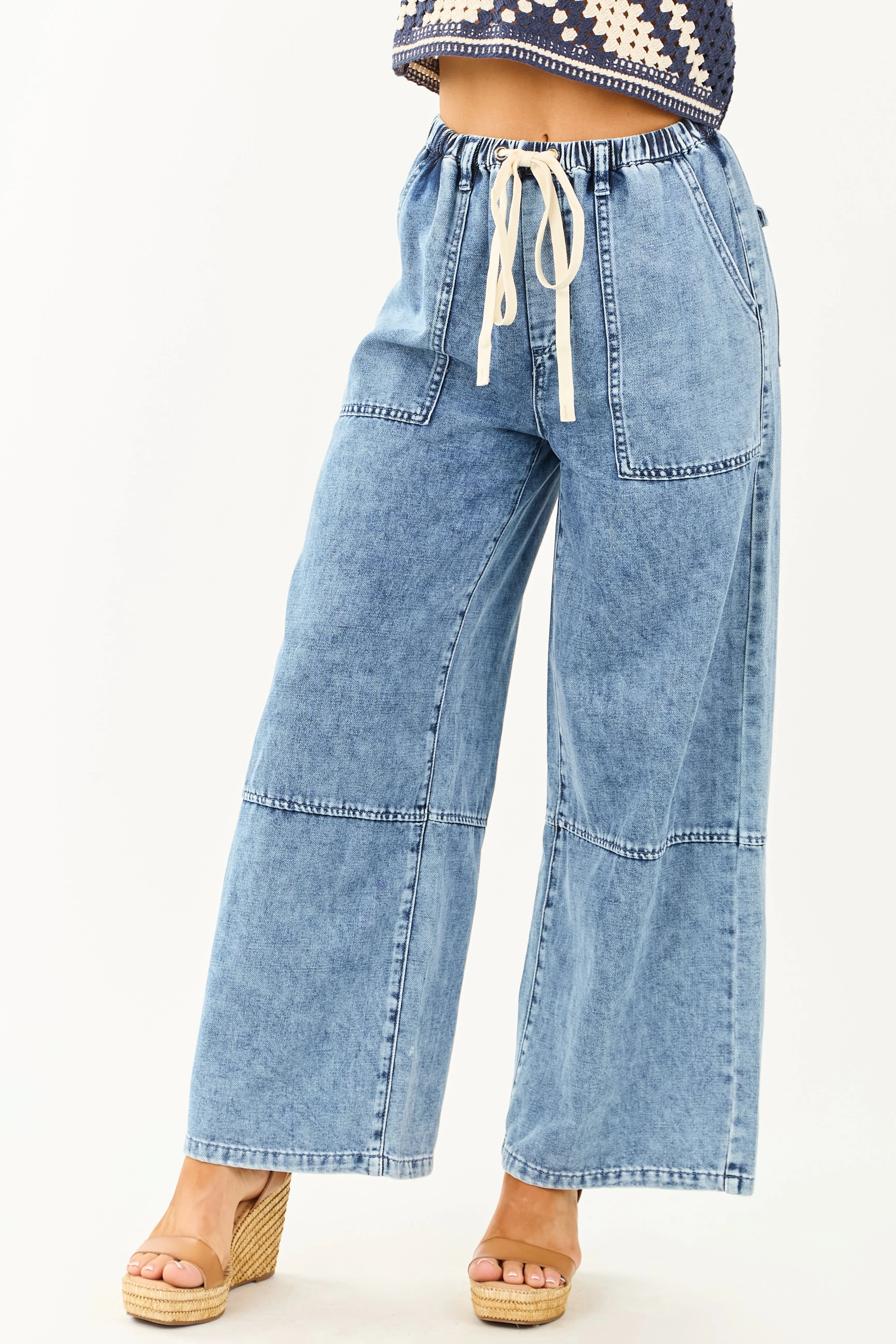 Listicle Medium Wash Wide Leg Drawstring Denim Pants sold by Lime Lush product image thumbnail 2
