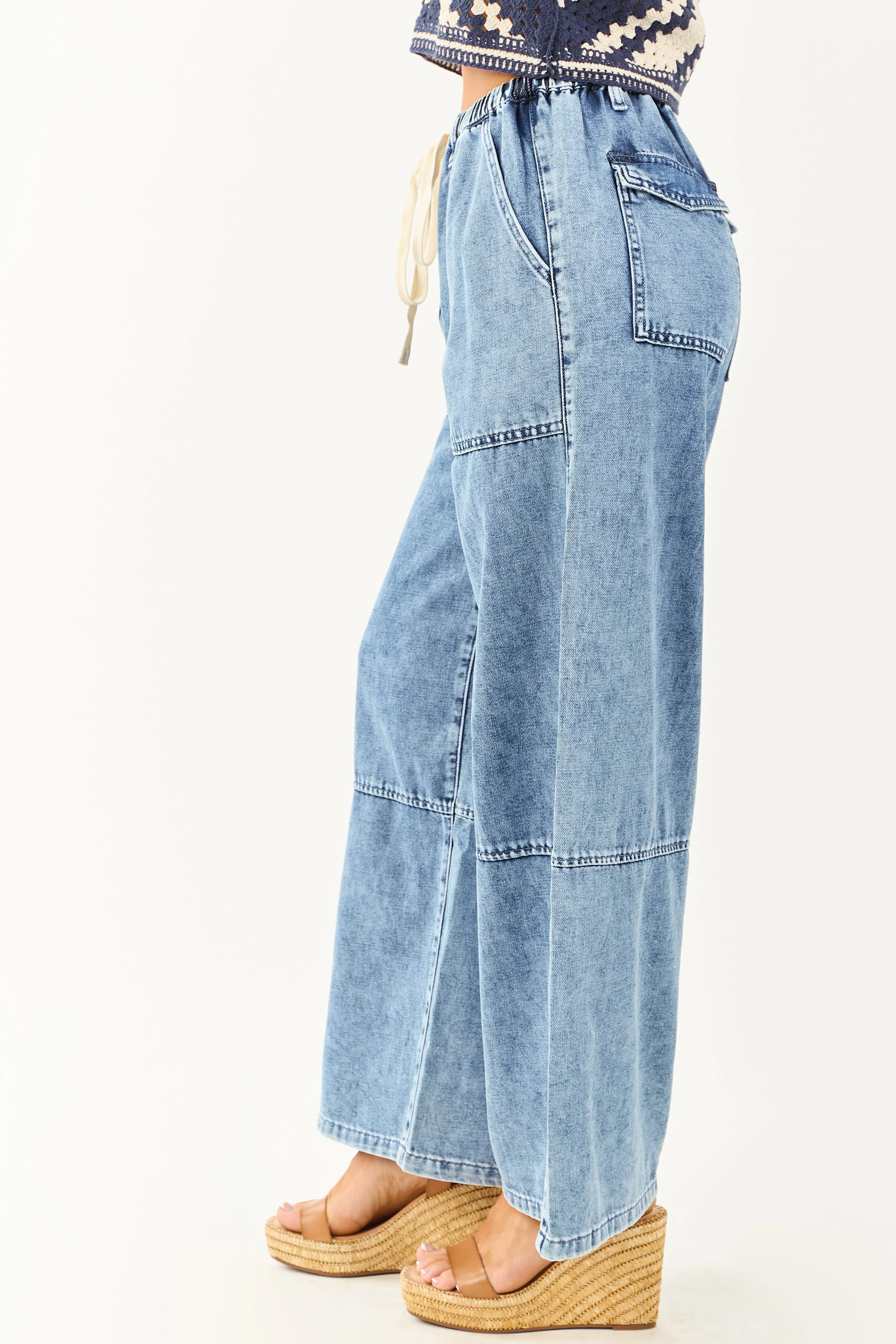 Listicle Medium Wash Wide Leg Drawstring Denim Pants sold by Lime Lush product image thumbnail 3