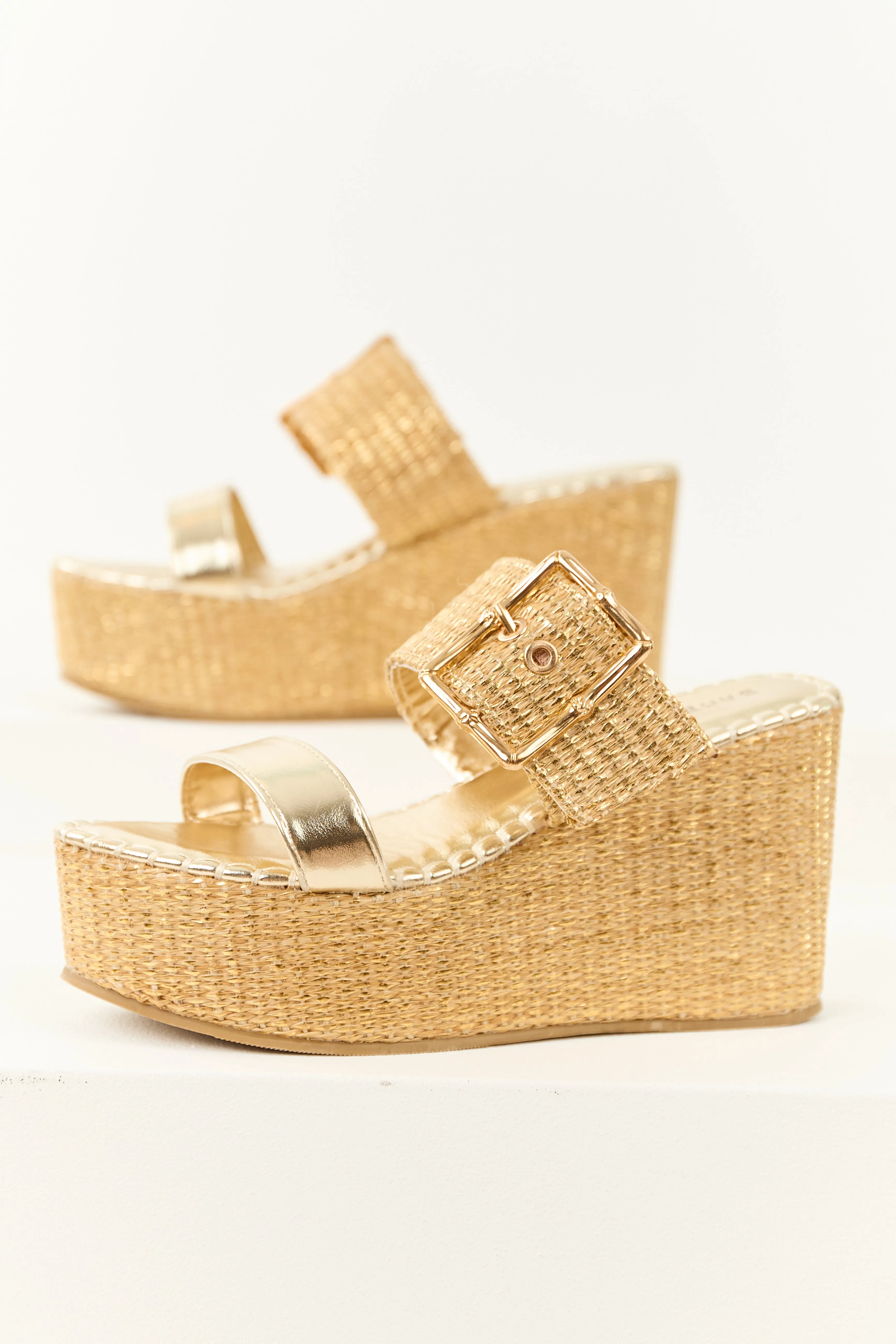 Gold Open Toe Raffia Buckle Platform Wedges sold by Lime Lush