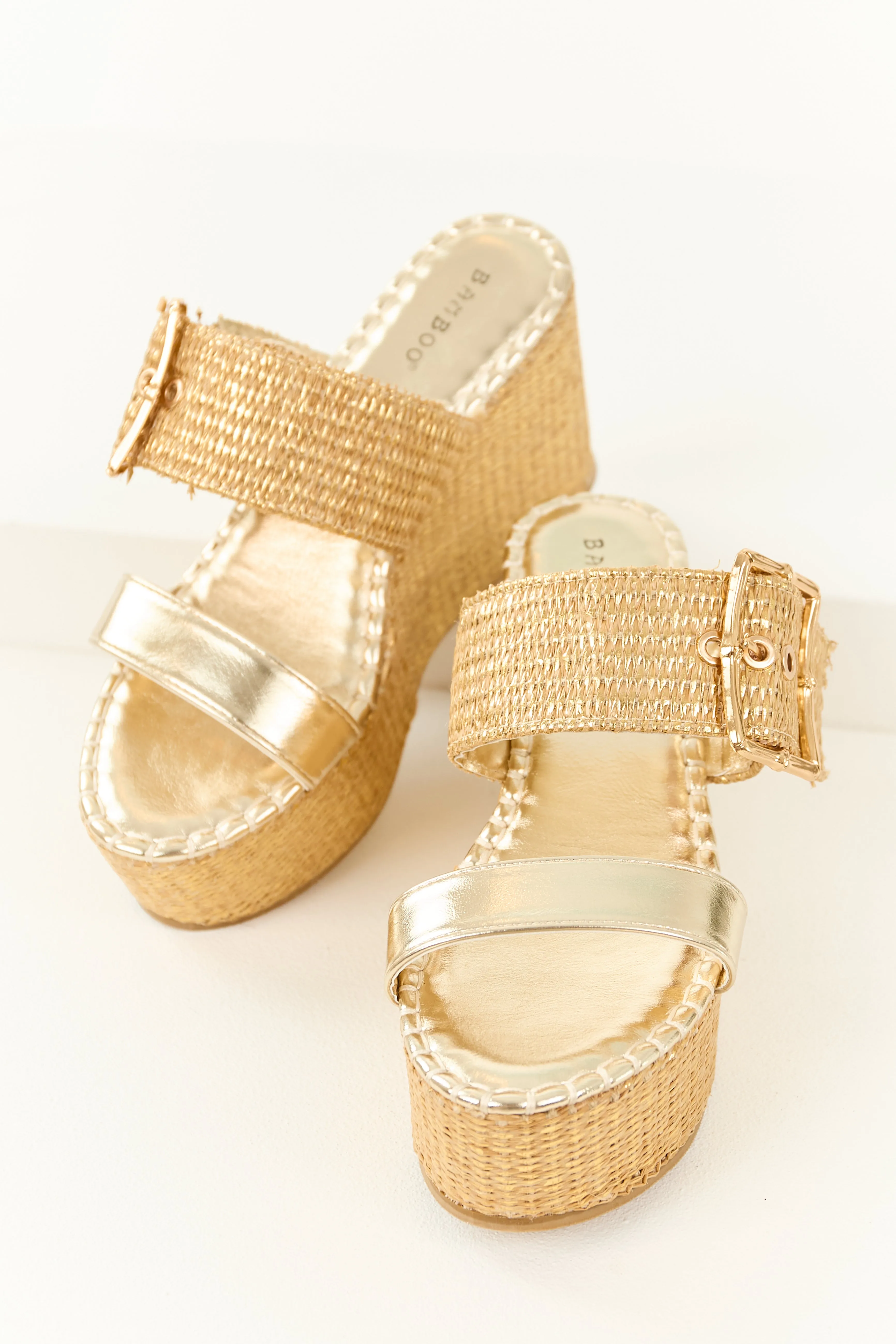 Gold Open Toe Raffia Buckle Platform Wedges sold by Lime Lush product image thumbnail 2