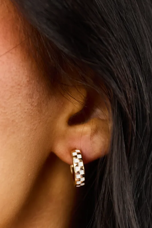Gold and Ivory Checkered Huggie Hoop Earrings sold by Lime Lush