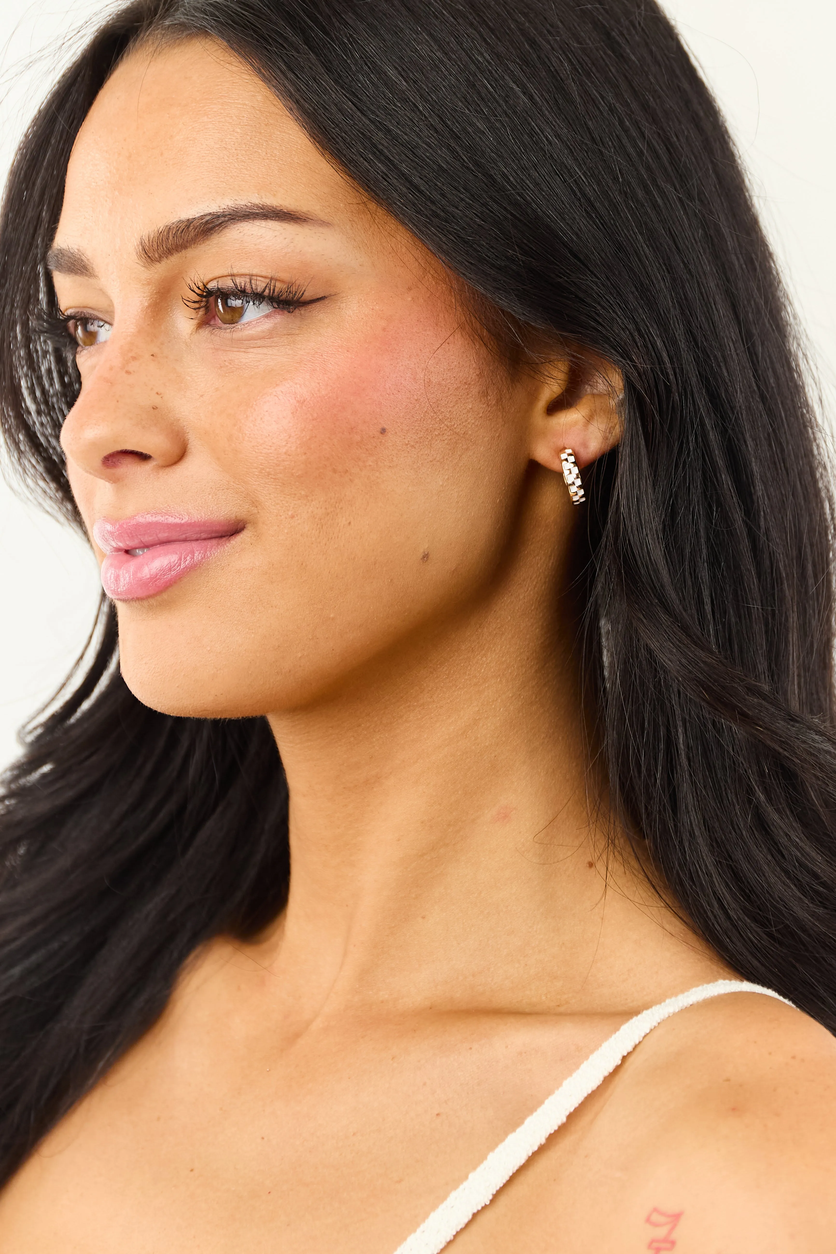 Gold and Ivory Checkered Huggie Hoop Earrings sold by Lime Lush product image thumbnail 2