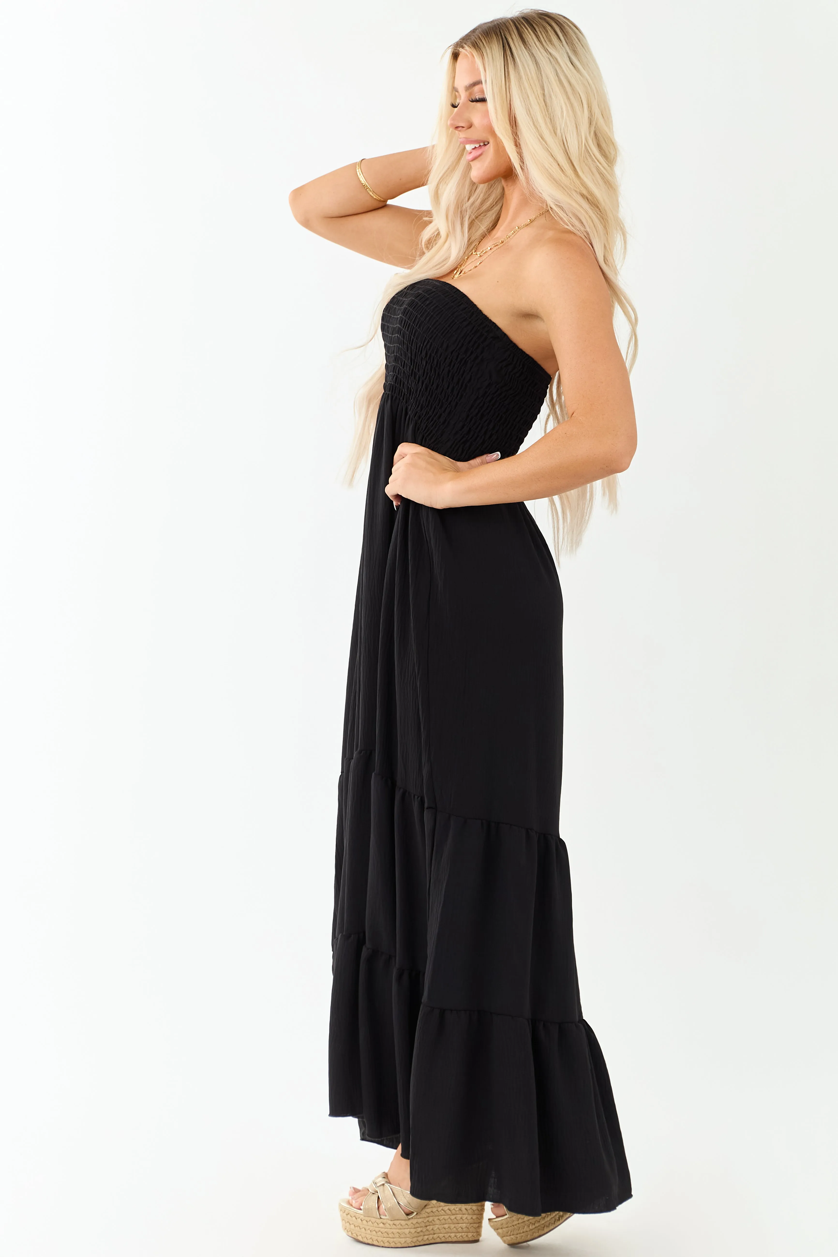 Black Smocked Tiered Strapless Maxi Dress sold by Lime Lush product image thumbnail 5