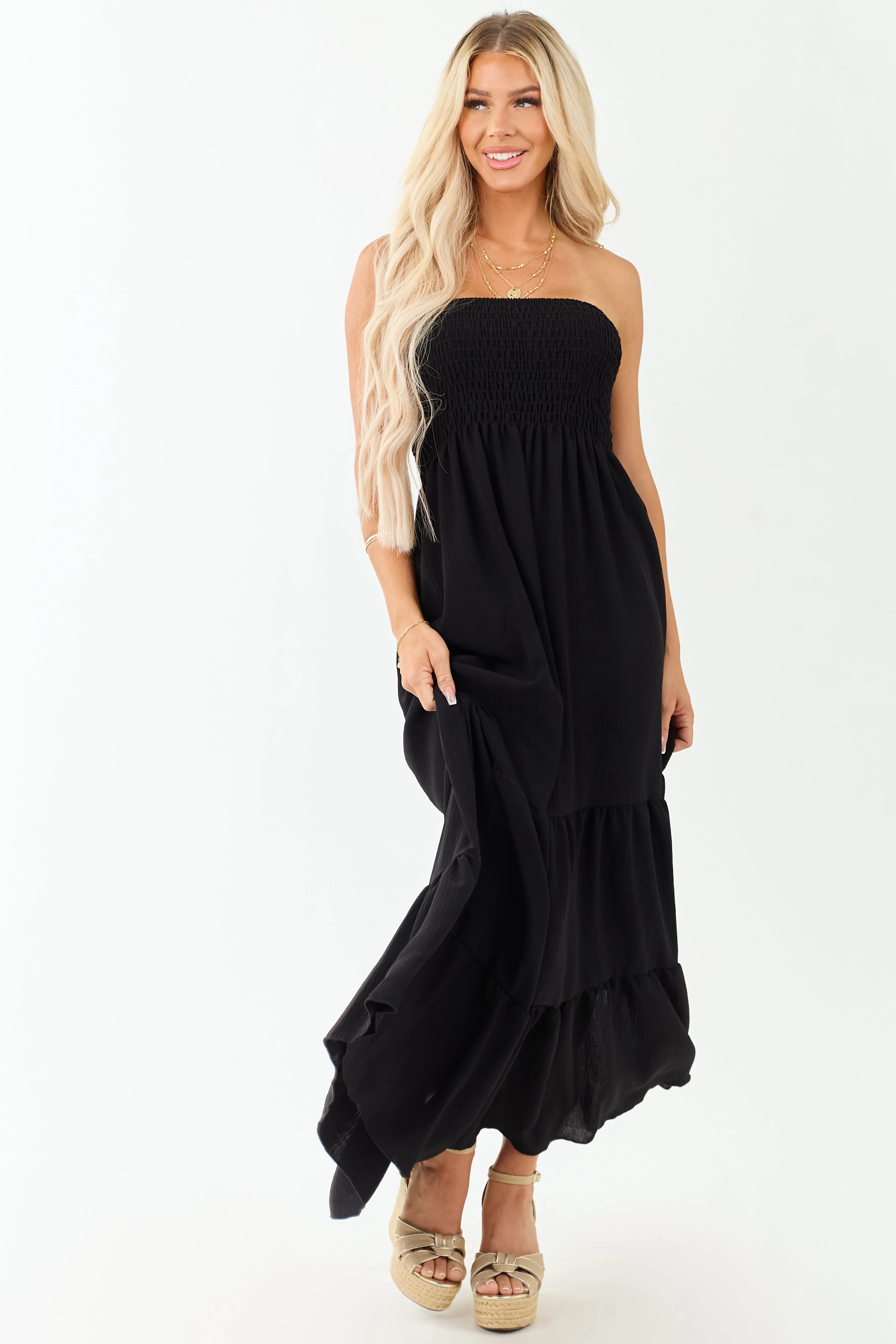 Black Smocked Tiered Strapless Maxi Dress sold by Lime Lush product image thumbnail 2