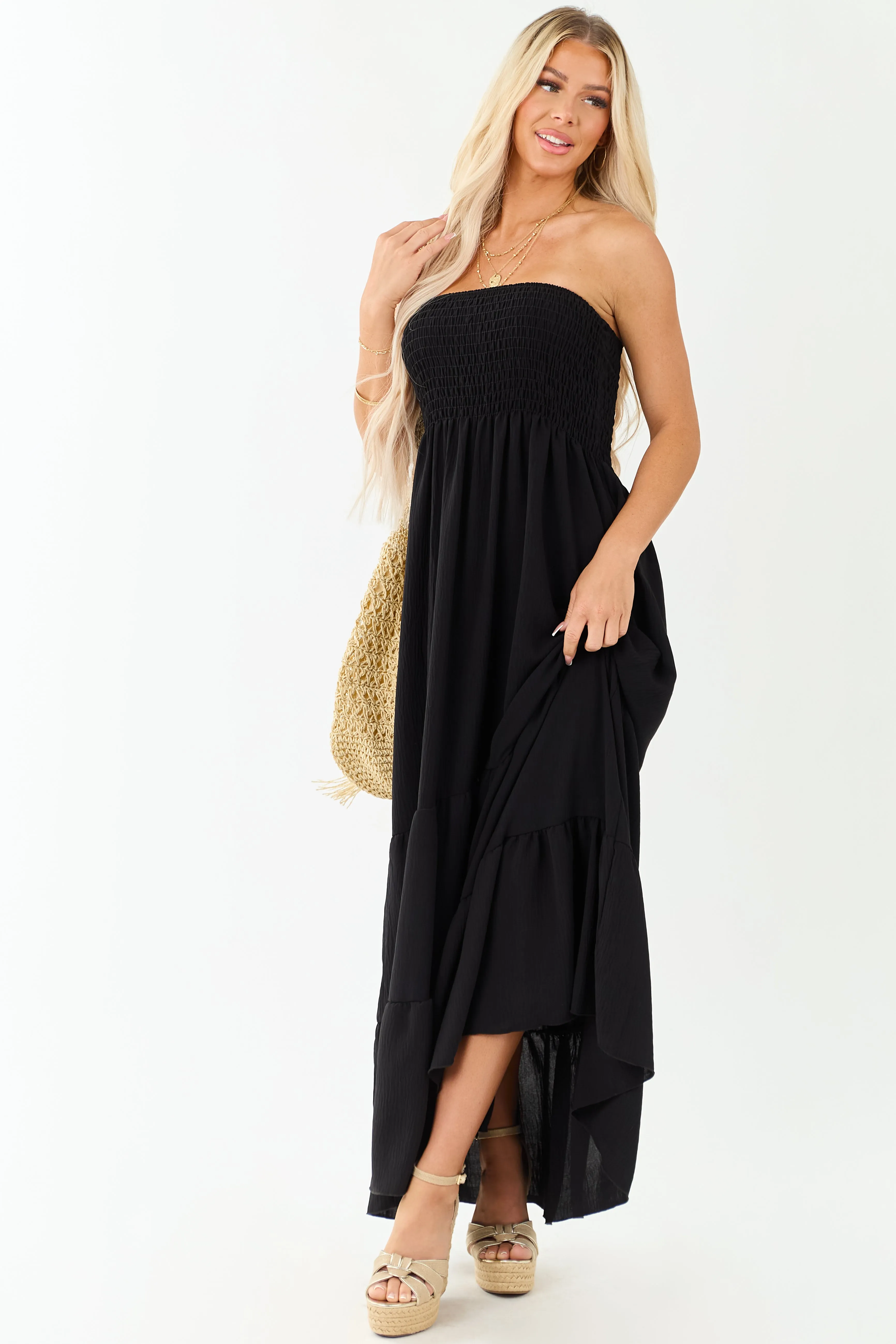 Black Smocked Tiered Strapless Maxi Dress sold by Lime Lush product image thumbnail 4