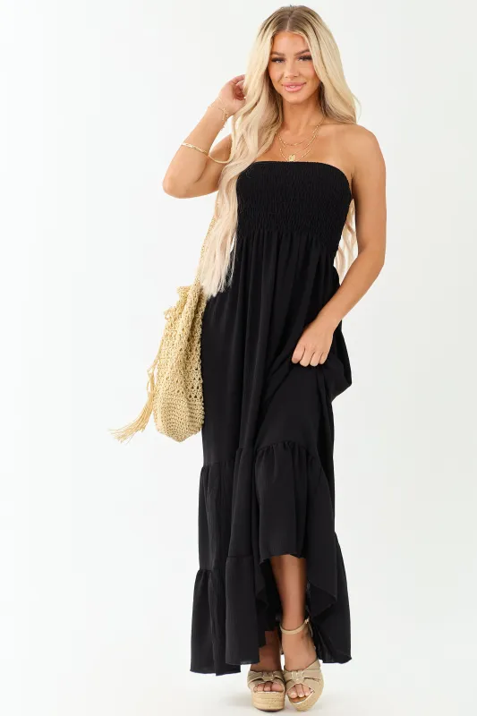 Black Smocked Tiered Strapless Maxi Dress sold by Lime Lush