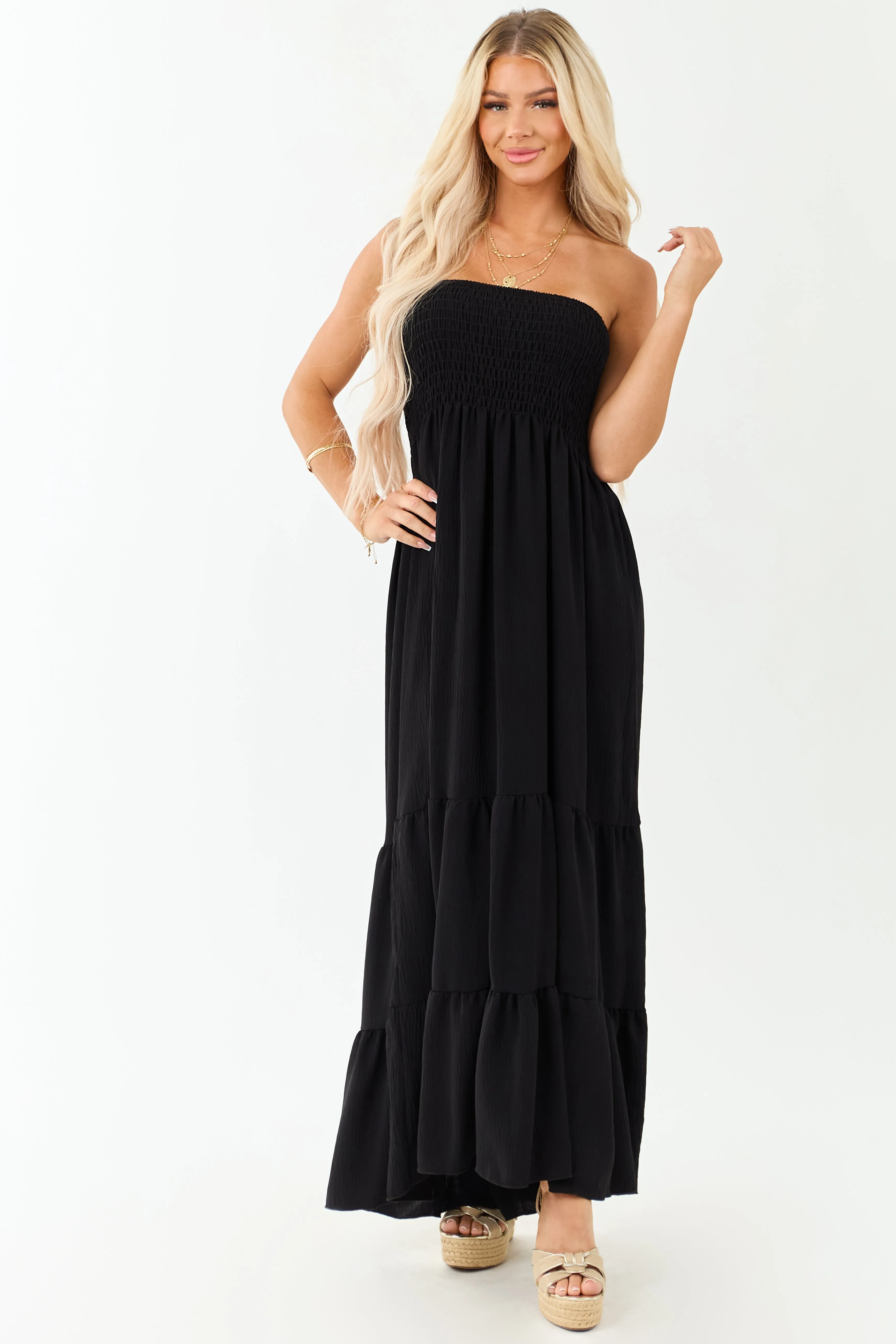 Black Smocked Tiered Strapless Maxi Dress sold by Lime Lush product image thumbnail 3