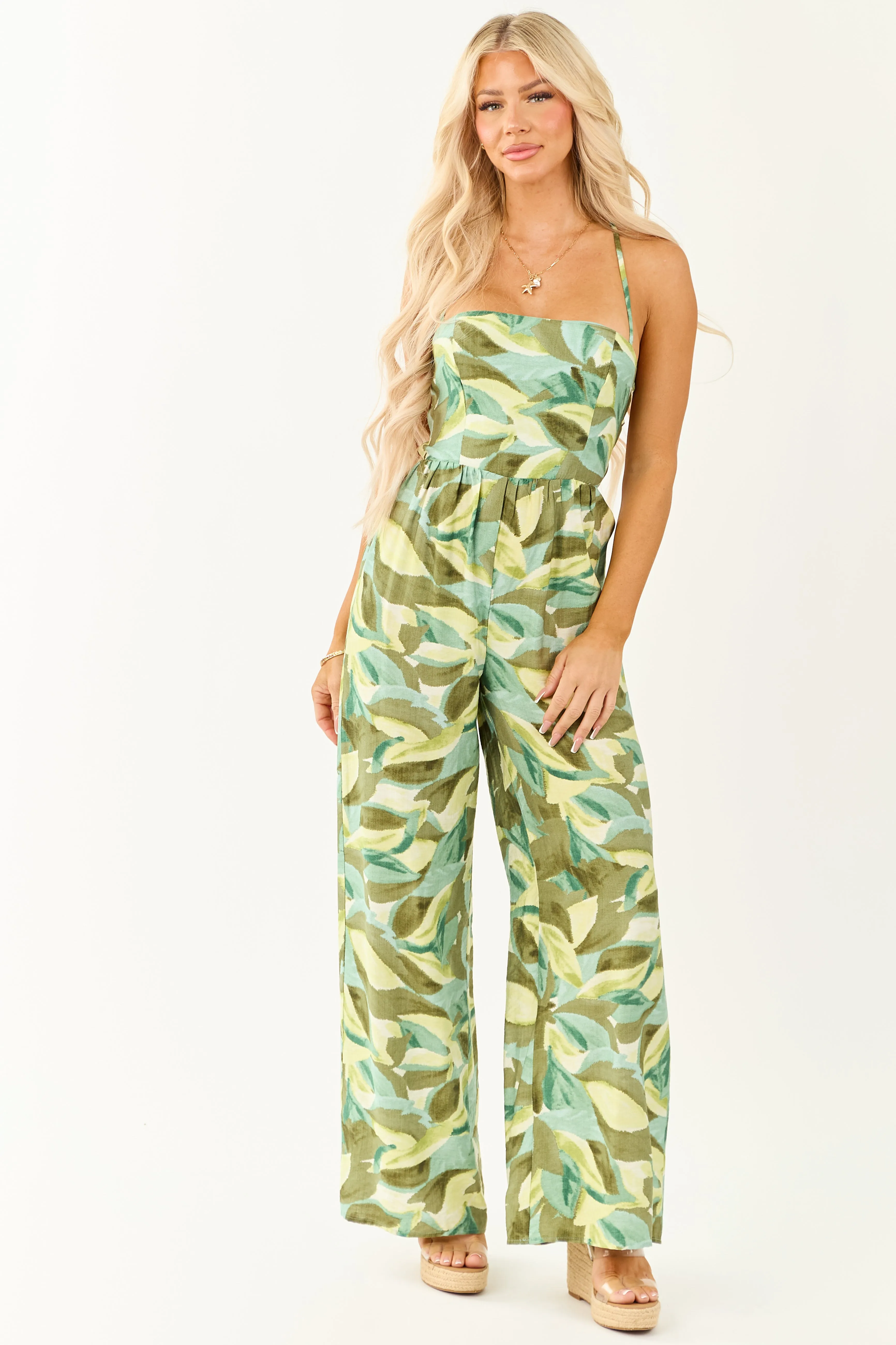 Juniper Tropical Print Wide Leg Lace Up Back Jumpsuit sold by Lime Lush