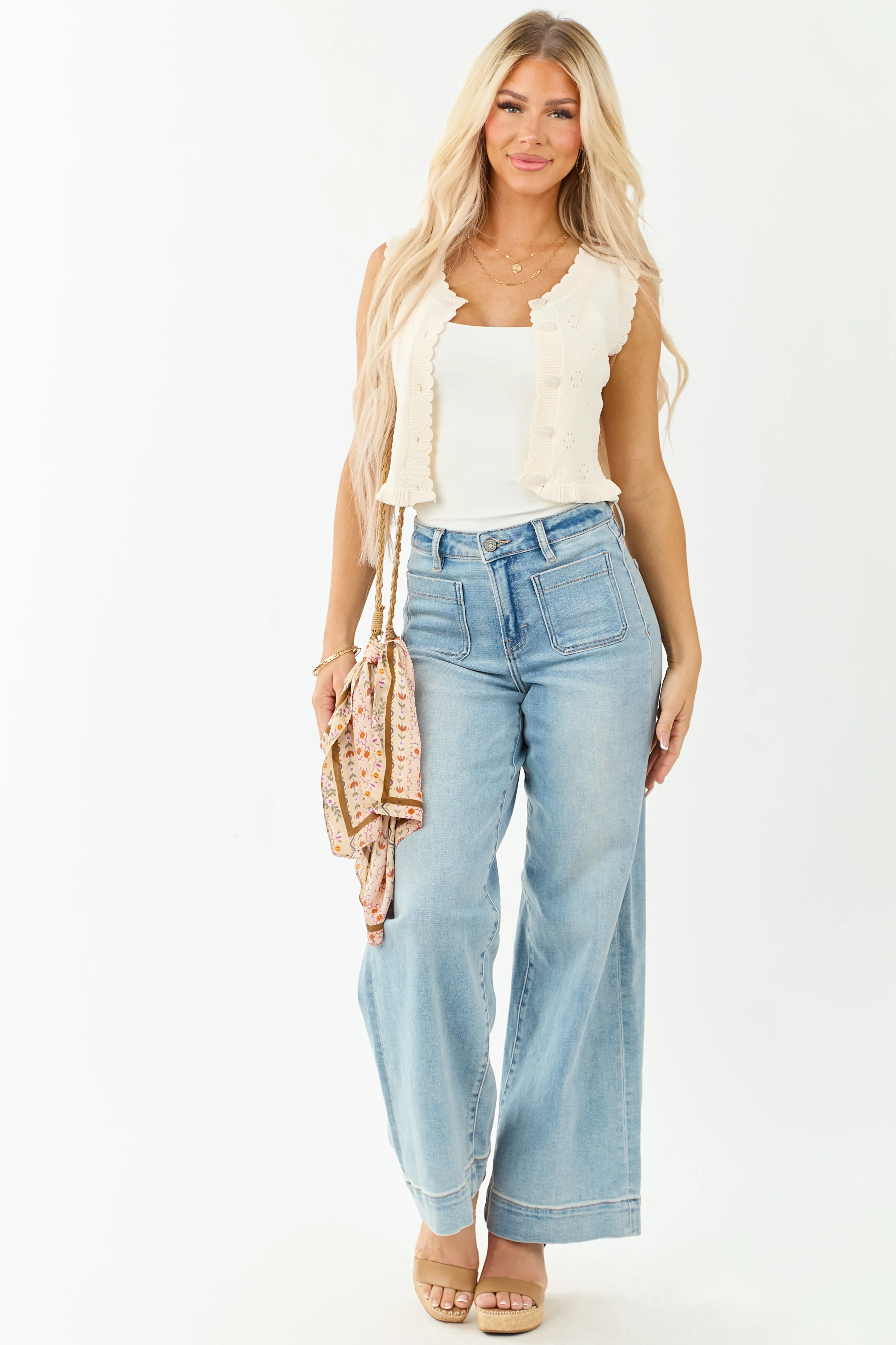 Cream Pointelle Knit Cropped Button Up Tank Top sold by Lime Lush product image thumbnail 4