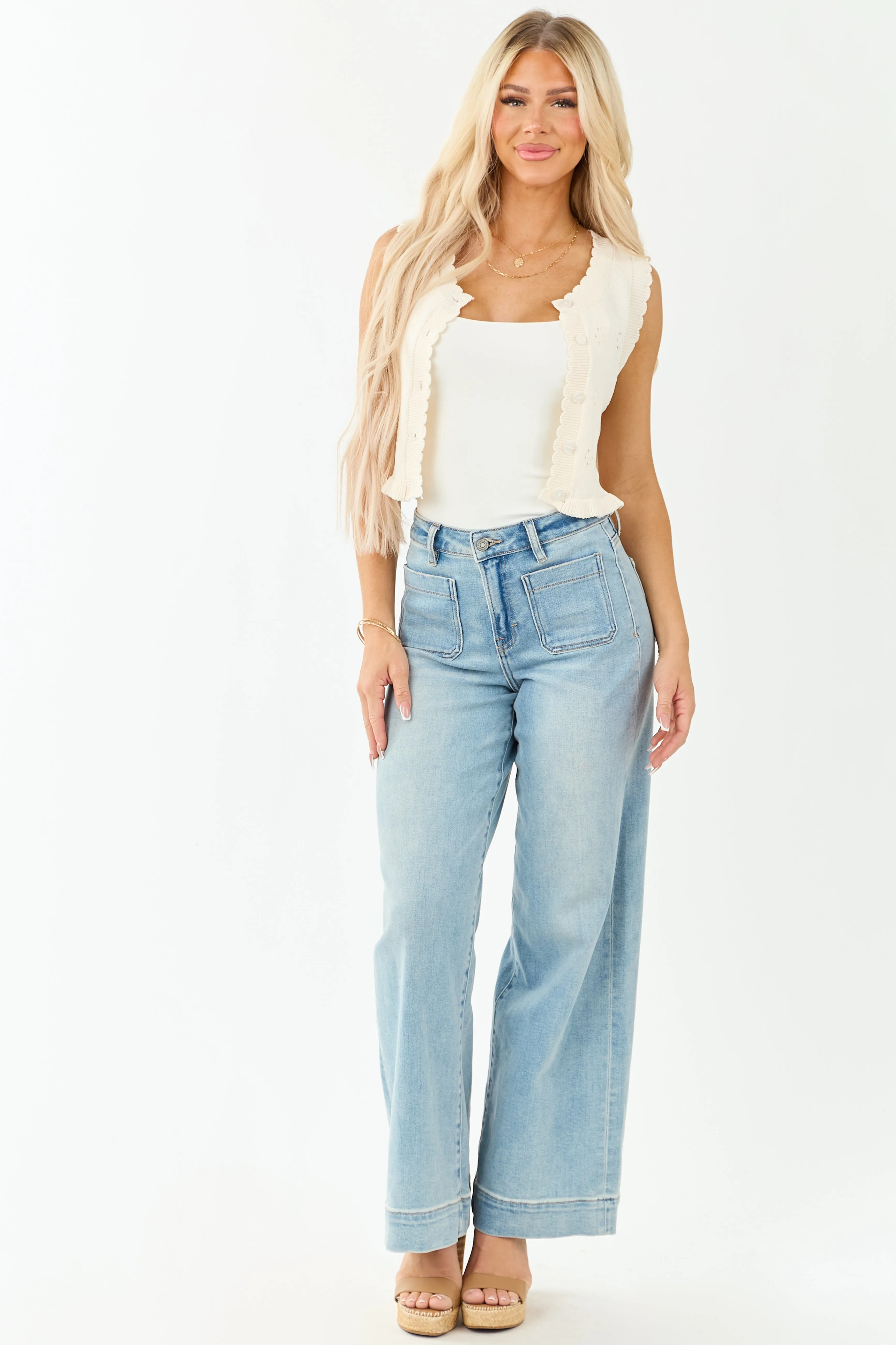 Cream Pointelle Knit Cropped Button Up Tank Top sold by Lime Lush product image thumbnail 2