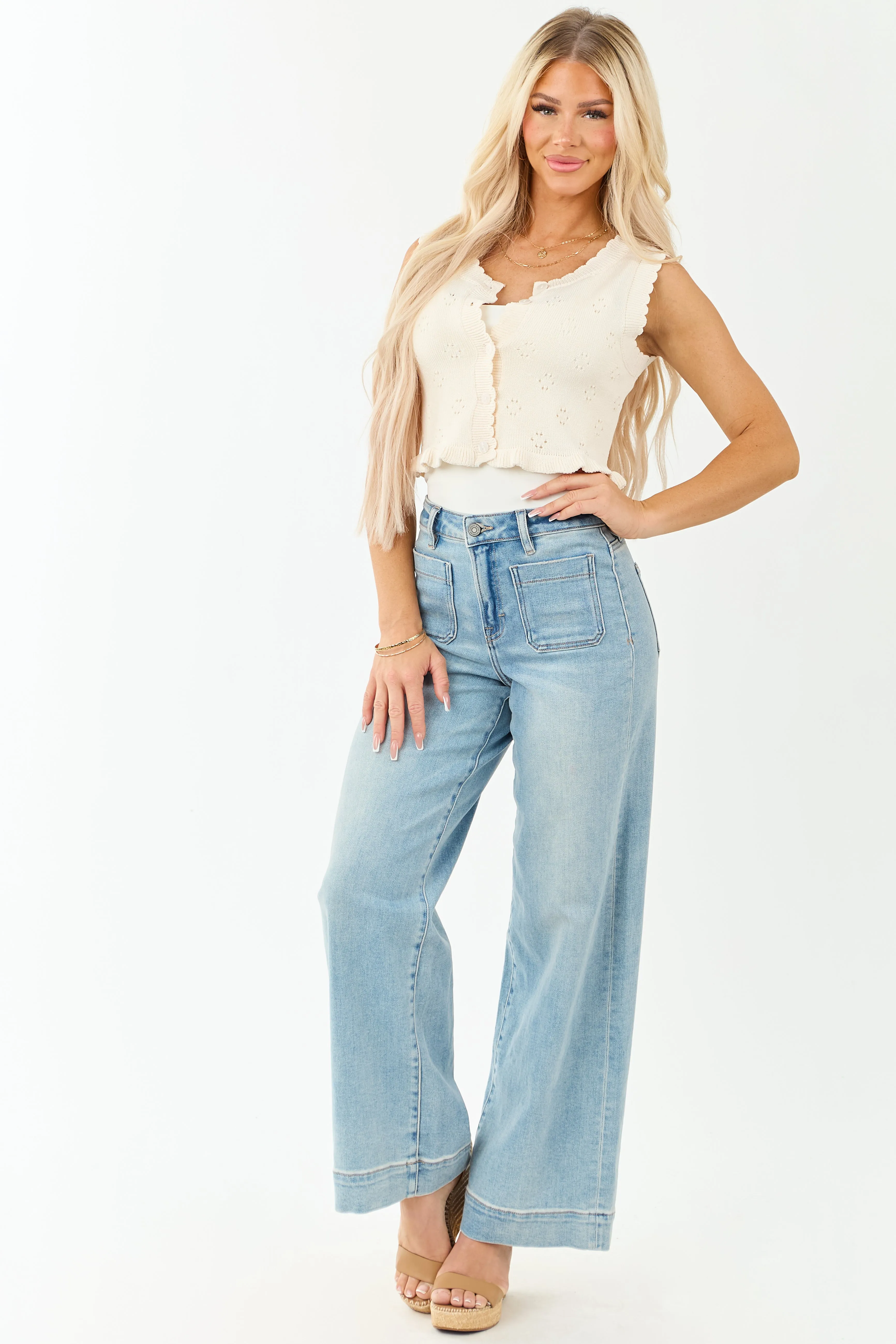 Cream Pointelle Knit Cropped Button Up Tank Top sold by Lime Lush product image thumbnail 3