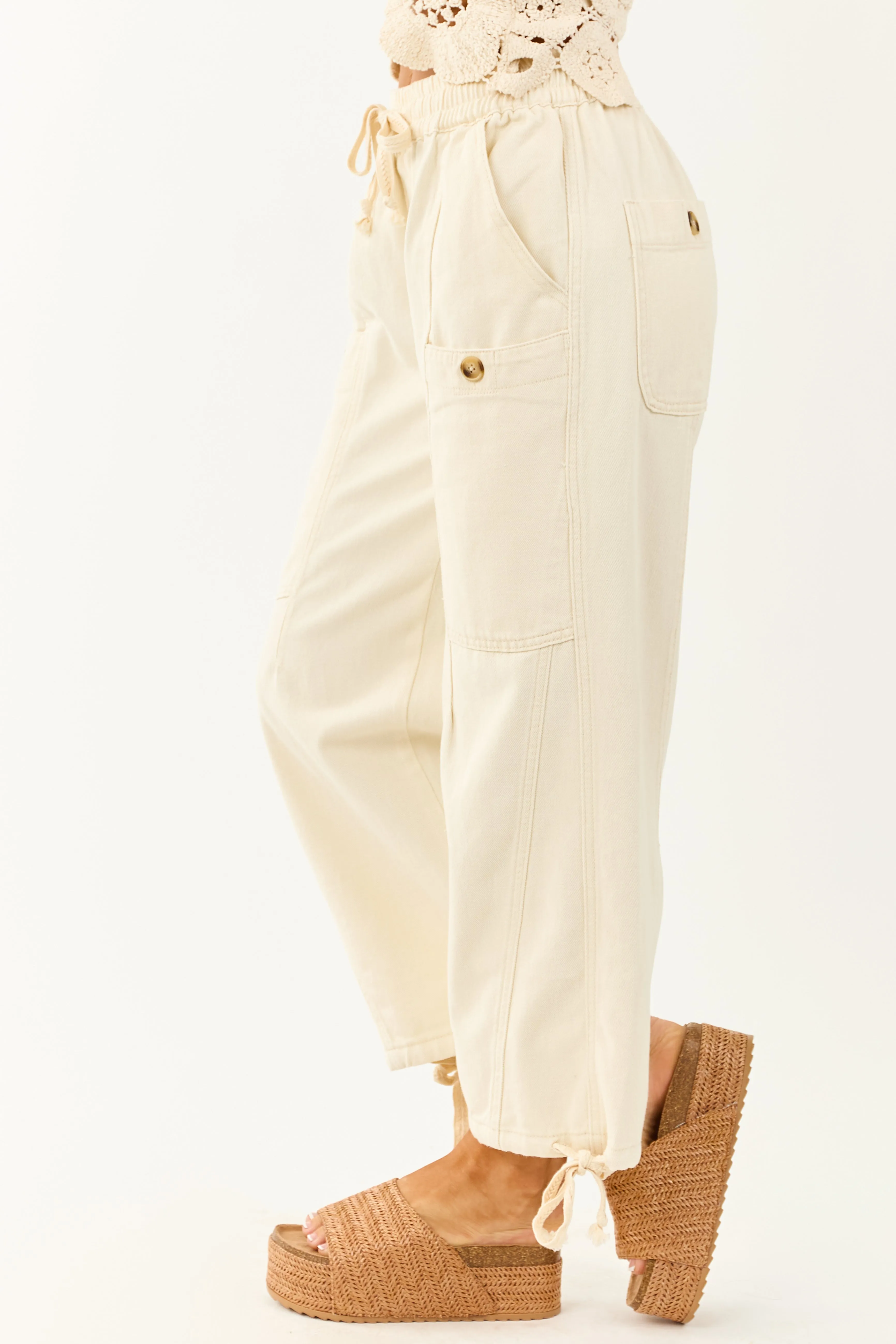 Cream Elastic Waist Relaxed Denim Cargo Pants sold by Lime Lush product image thumbnail 3