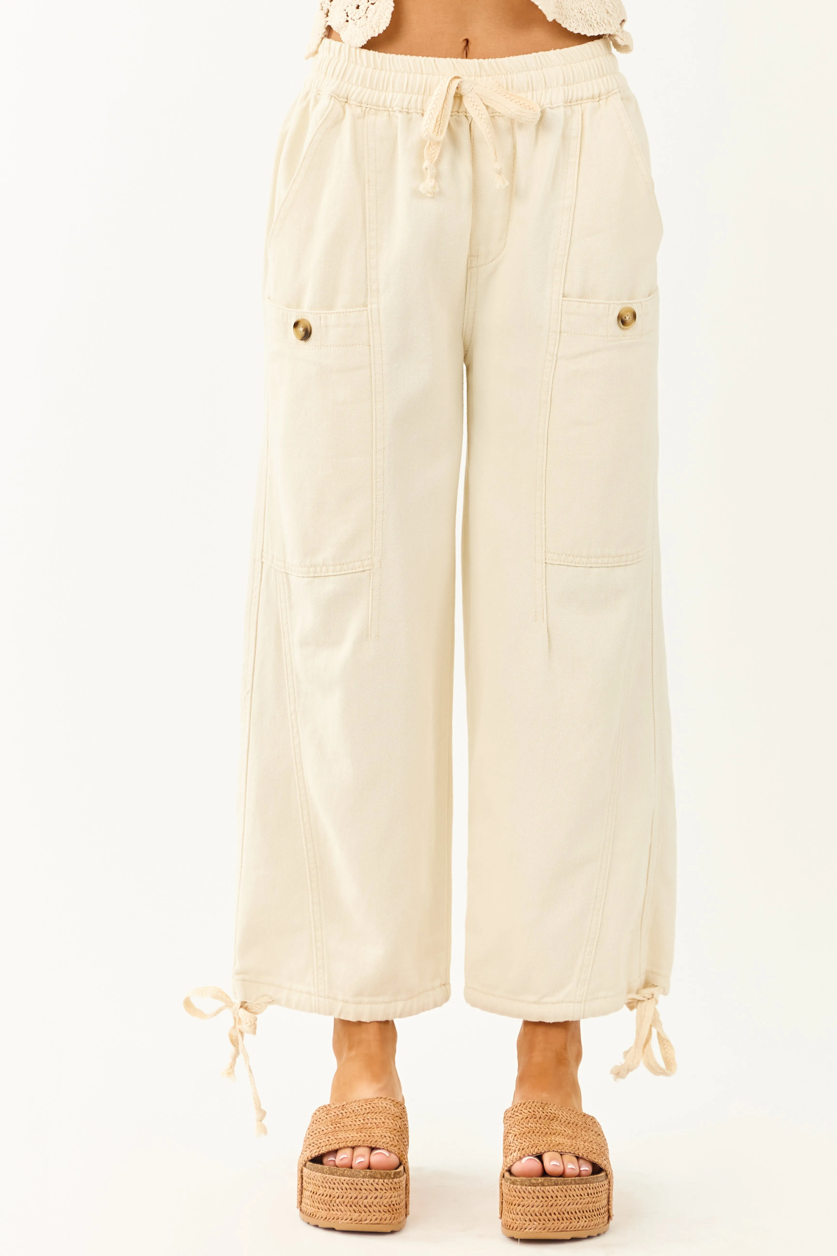 Cream Elastic Waist Relaxed Denim Cargo Pants sold by Lime Lush product image thumbnail 2