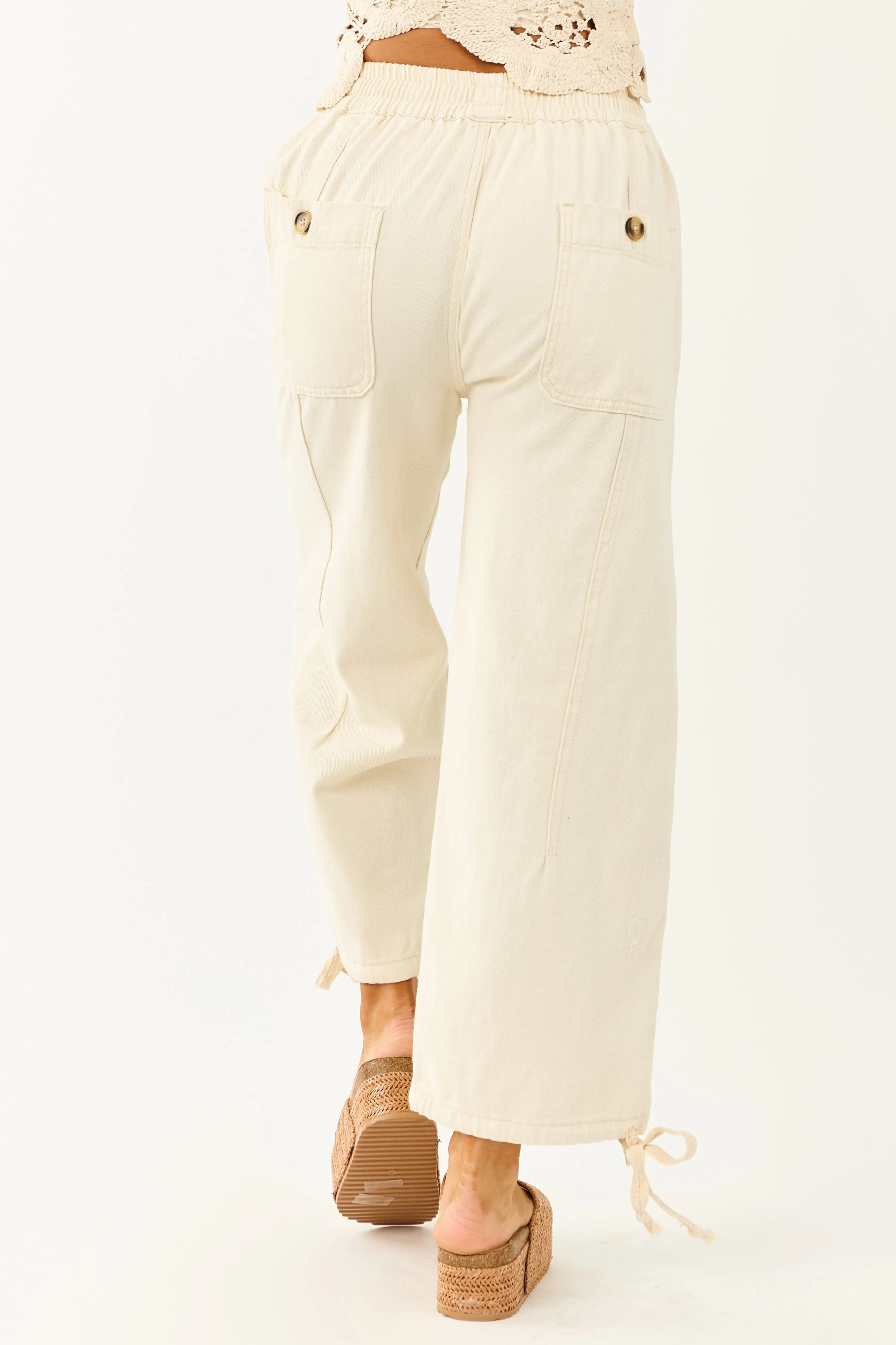 Cream Elastic Waist Relaxed Denim Cargo Pants sold by Lime Lush product image thumbnail 4