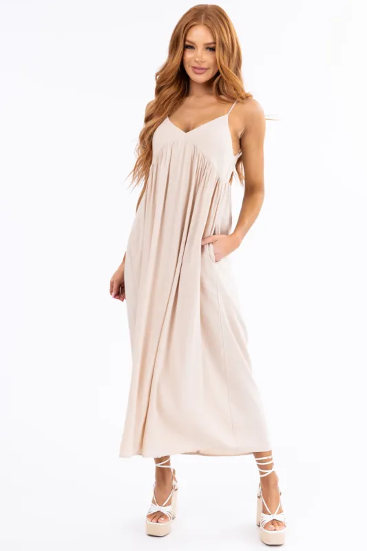 Almond Woven Strapless Flowy Midi Dress sold by Lime Lush