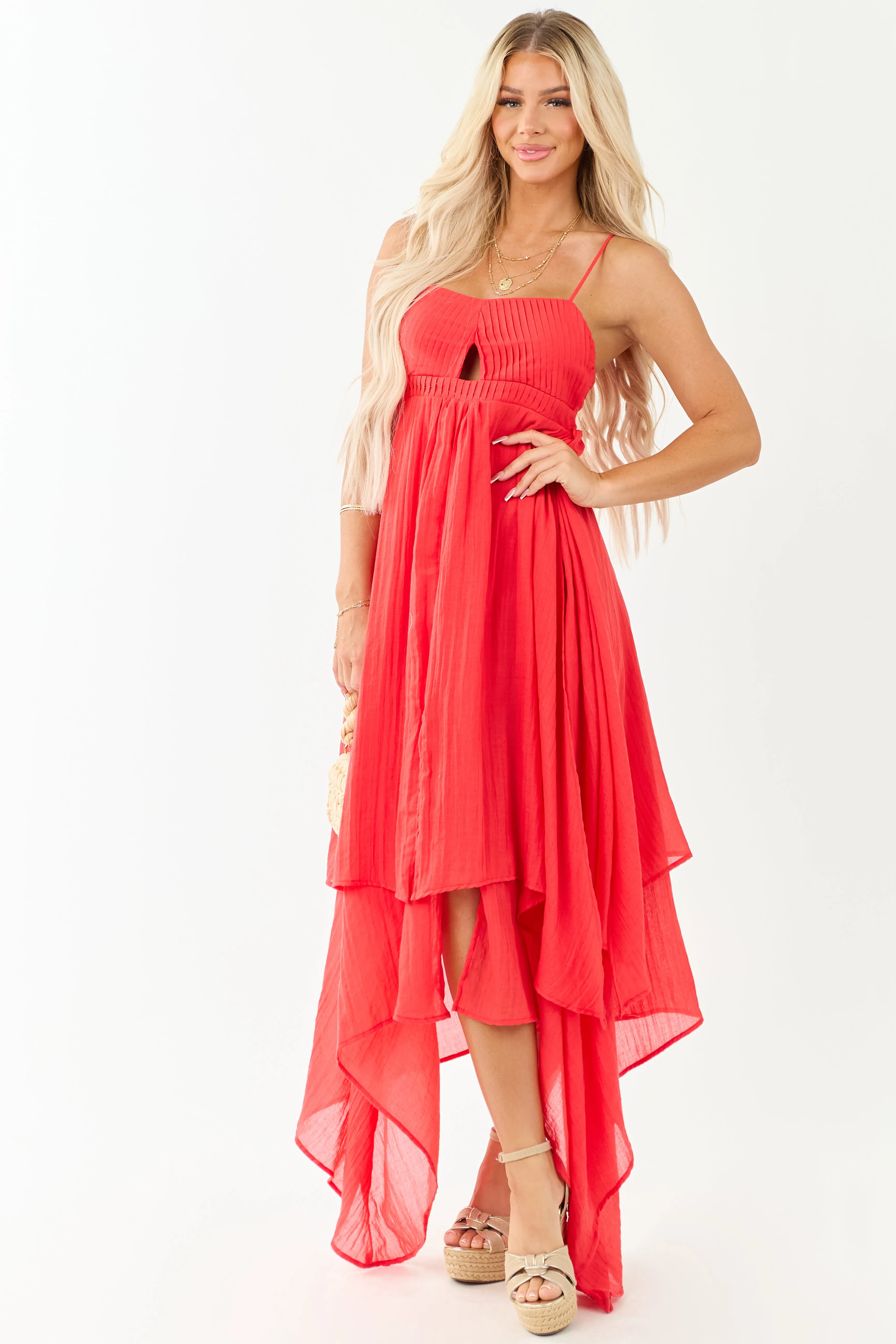 Poppy Red Layered Handkerchief Hem Maxi Dress sold by Lime Lush