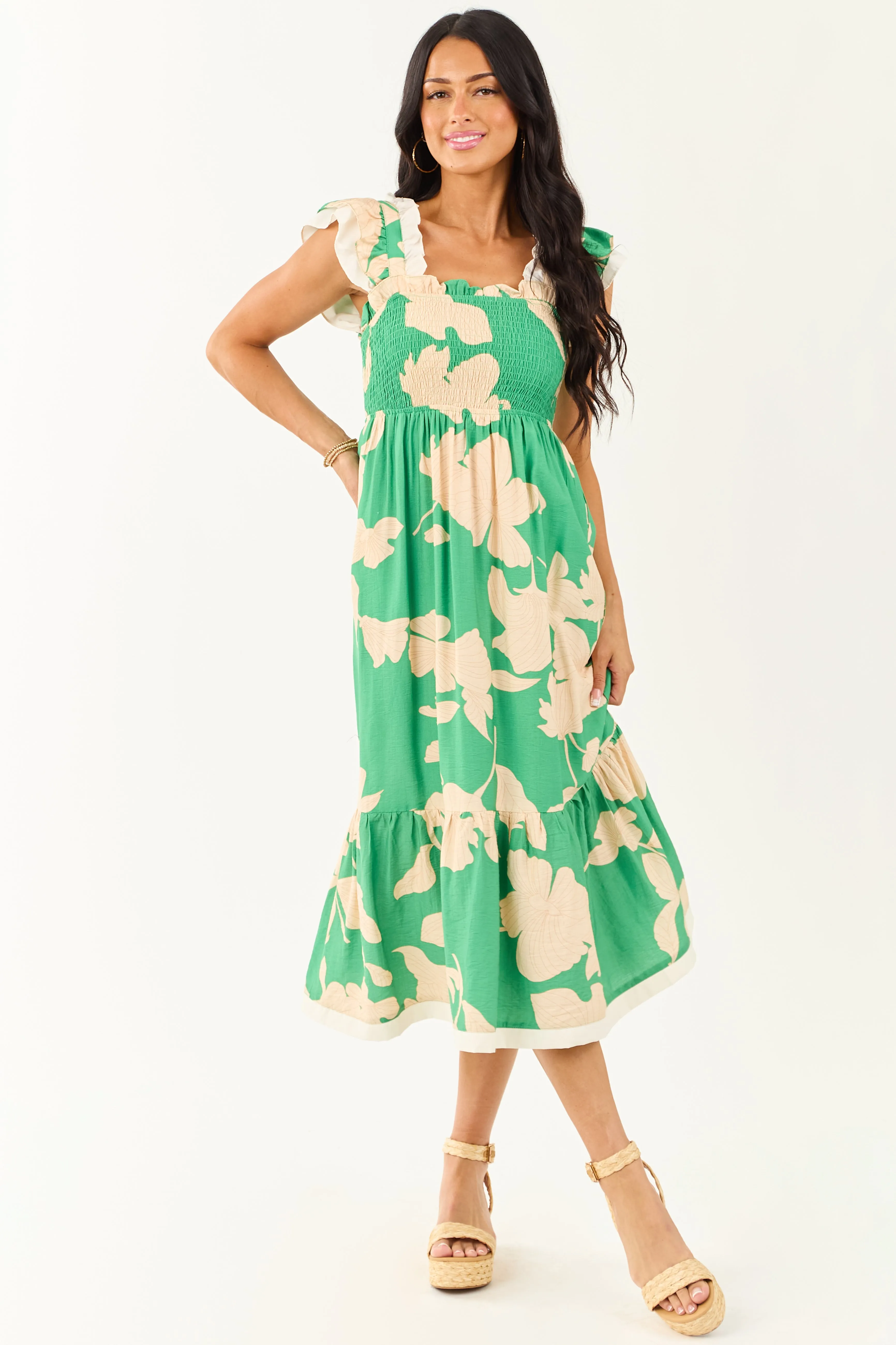 Kelly Green and Cream Floral Print Smocked Midi Dress sold by Lime Lush