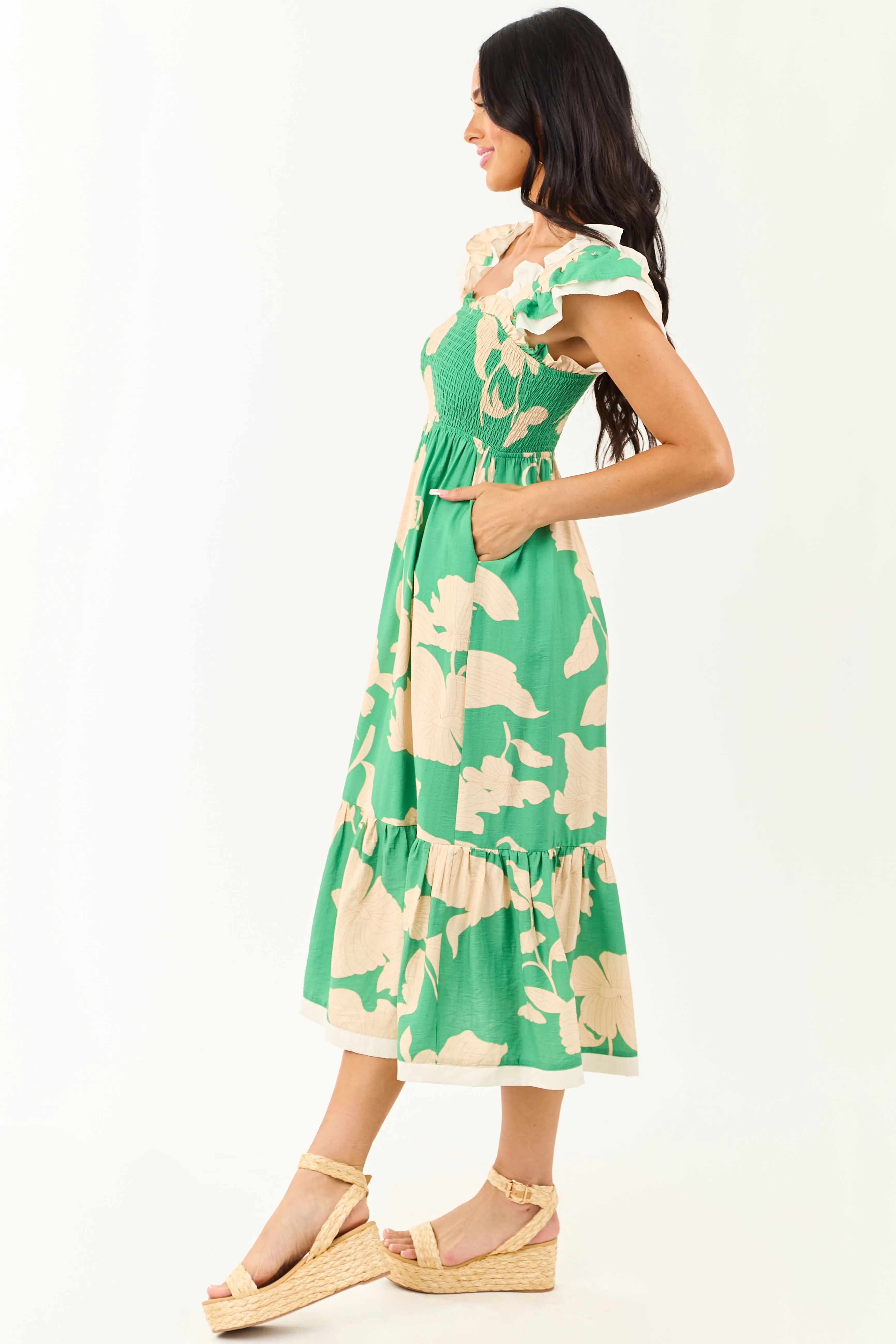 Kelly Green and Cream Floral Print Smocked Midi Dress sold by Lime Lush product image thumbnail 4