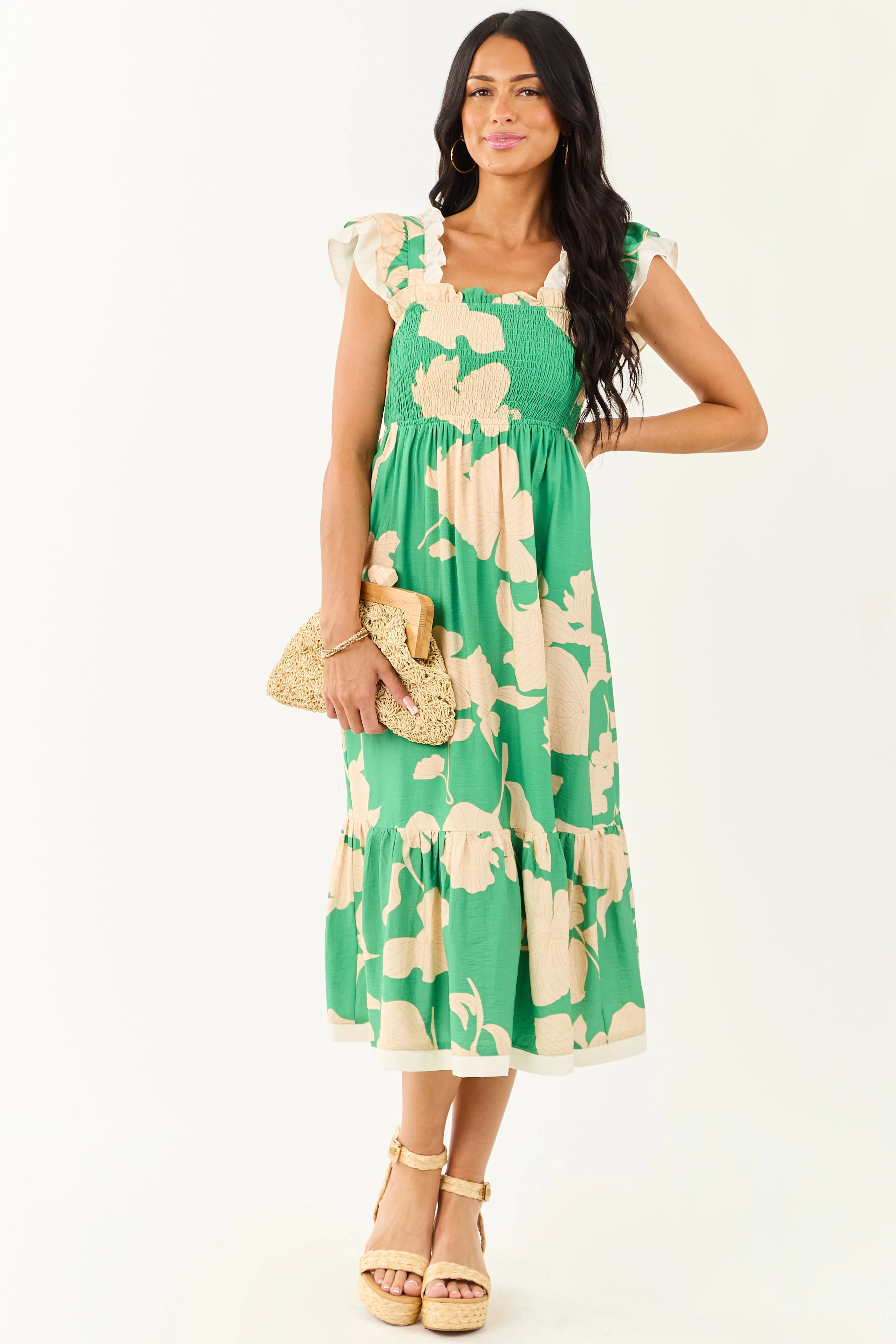 Kelly Green and Cream Floral Print Smocked Midi Dress sold by Lime Lush product image thumbnail 3