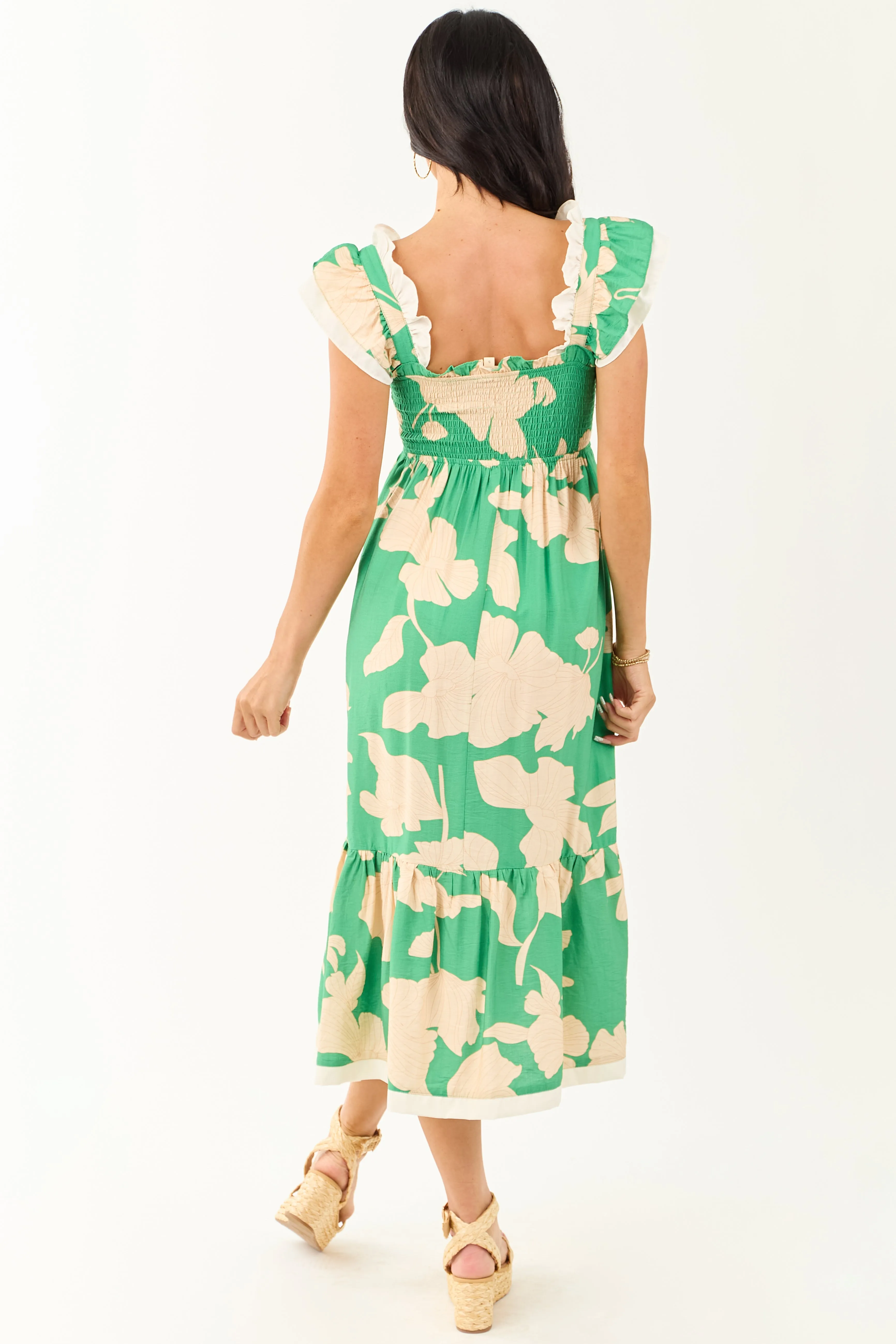 Kelly Green and Cream Floral Print Smocked Midi Dress sold by Lime Lush product image thumbnail 5