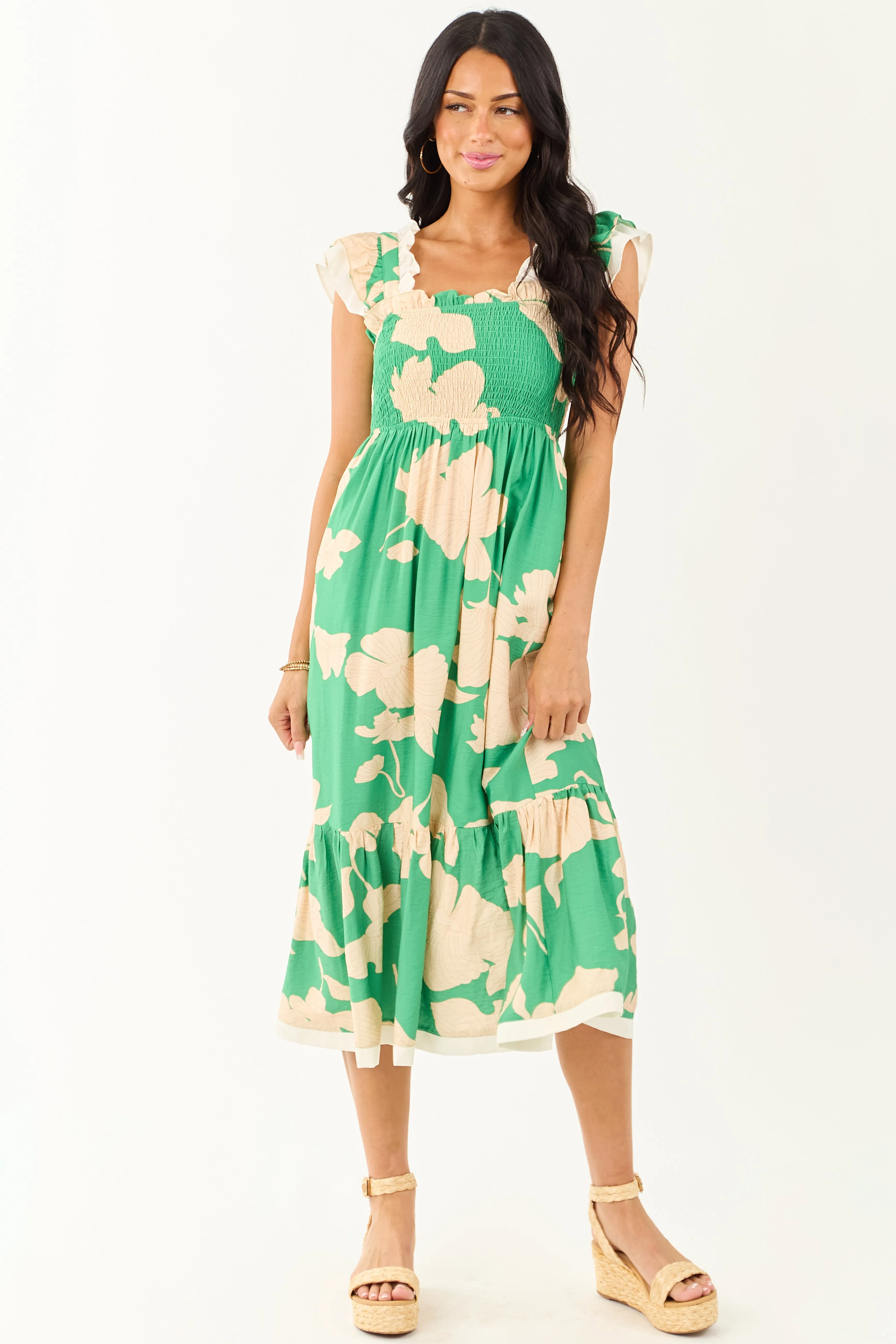 Kelly Green and Cream Floral Print Smocked Midi Dress sold by Lime Lush product image thumbnail 2