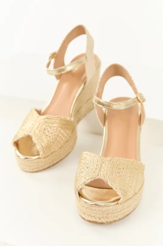 Gold Metallic Coated Crochet Strap Espadrille Wedges sold by Lime Lush
