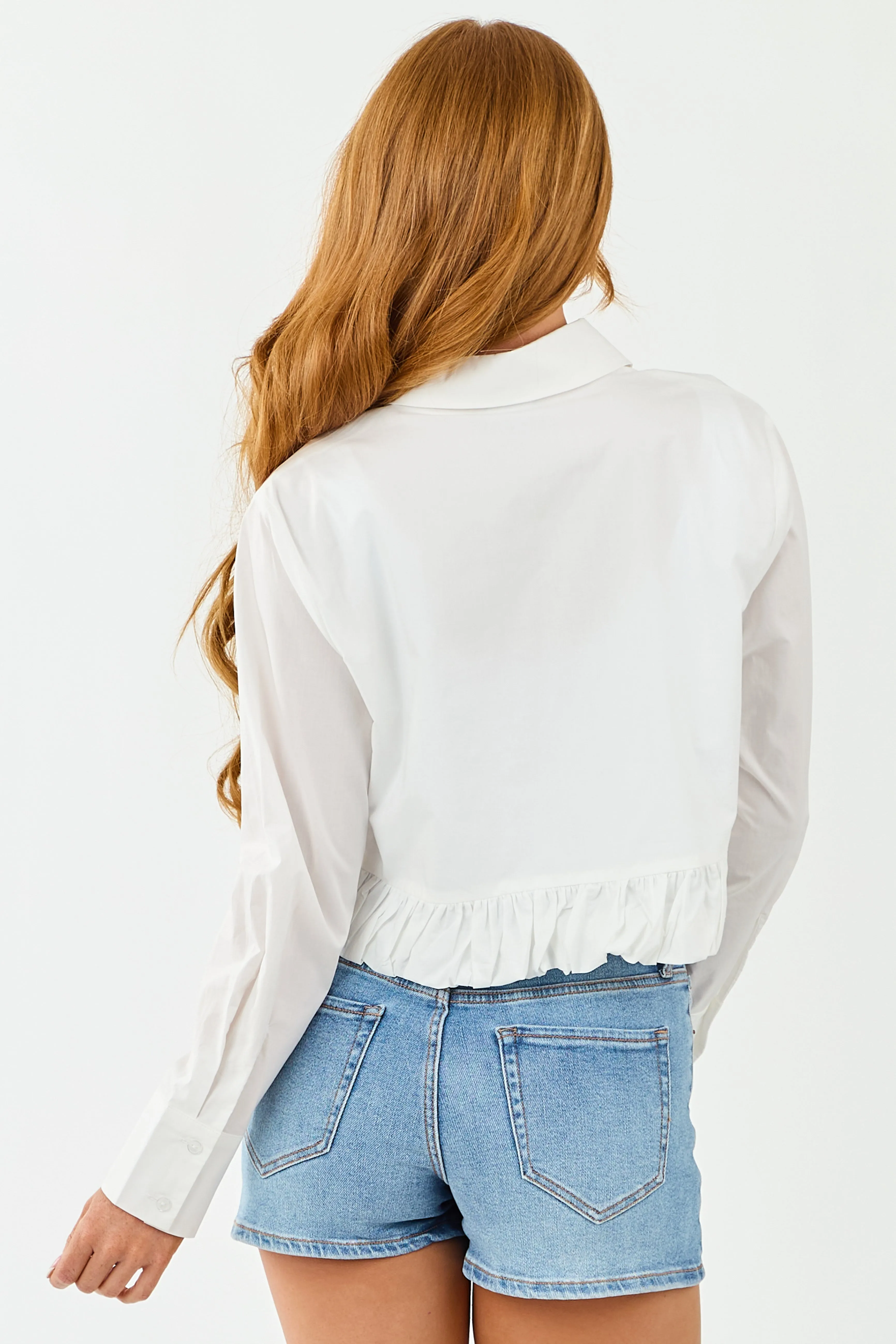 White Button Up Ruffle Hem Long Sleeve Cotton Blouse sold by Lime Lush product image thumbnail 5